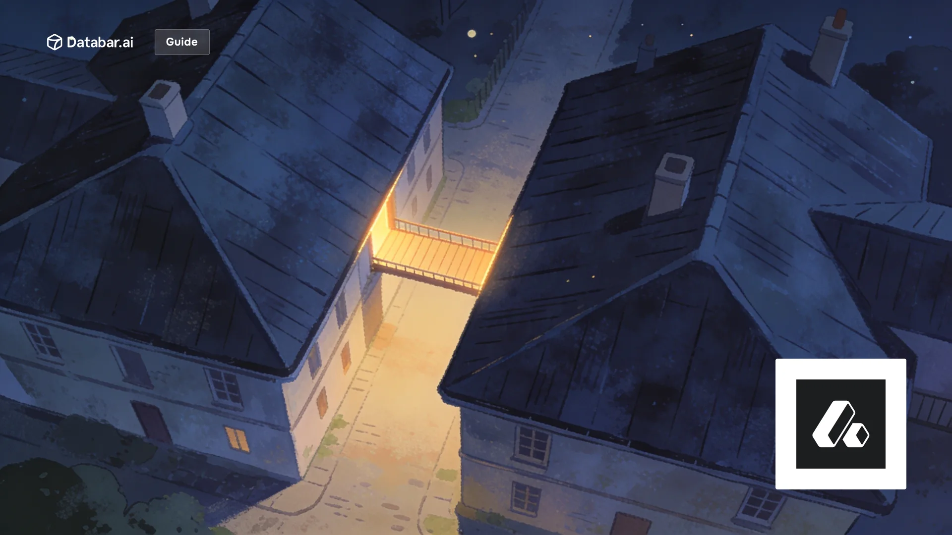 Attio CRM enrichment with Databar, illustrated as two rooftops at night joined by one narrow lit walkway across the gap