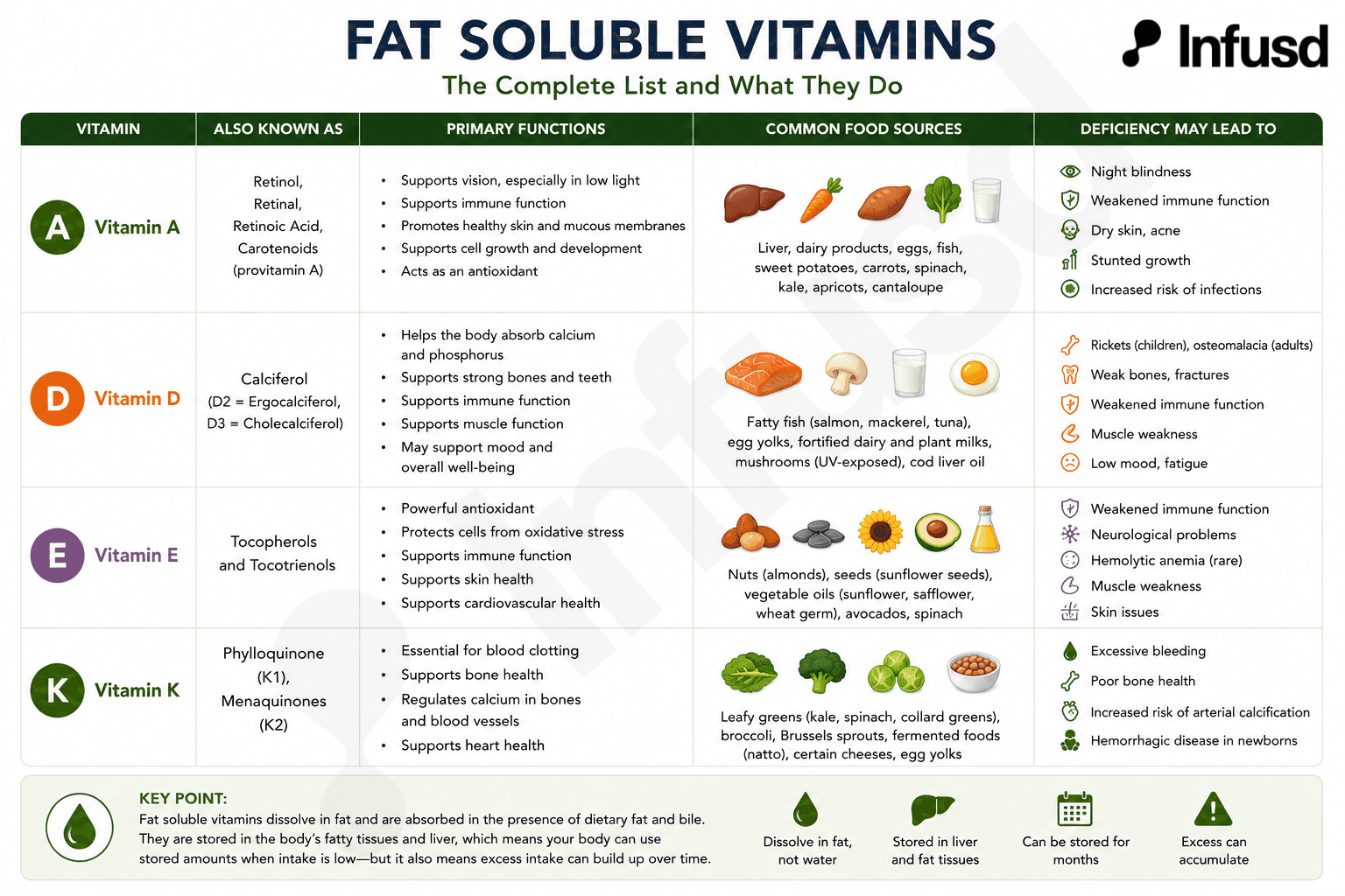 Table of fat soluble vitamins and their sources.