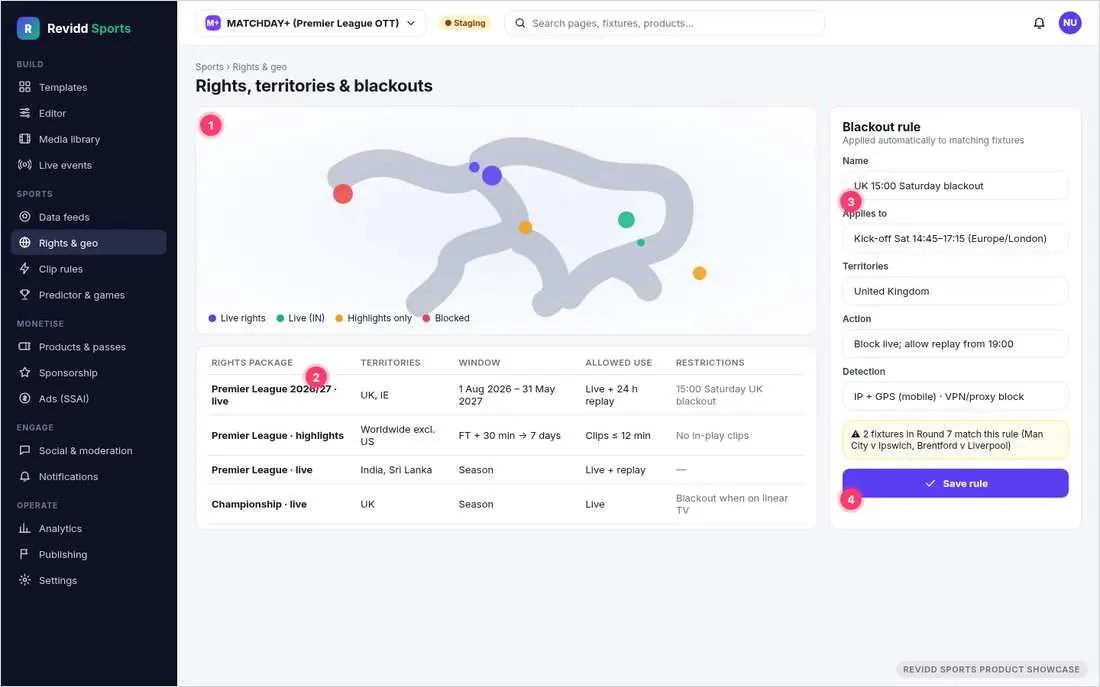 Revidd Sports CMS rights map and blackout rule editor