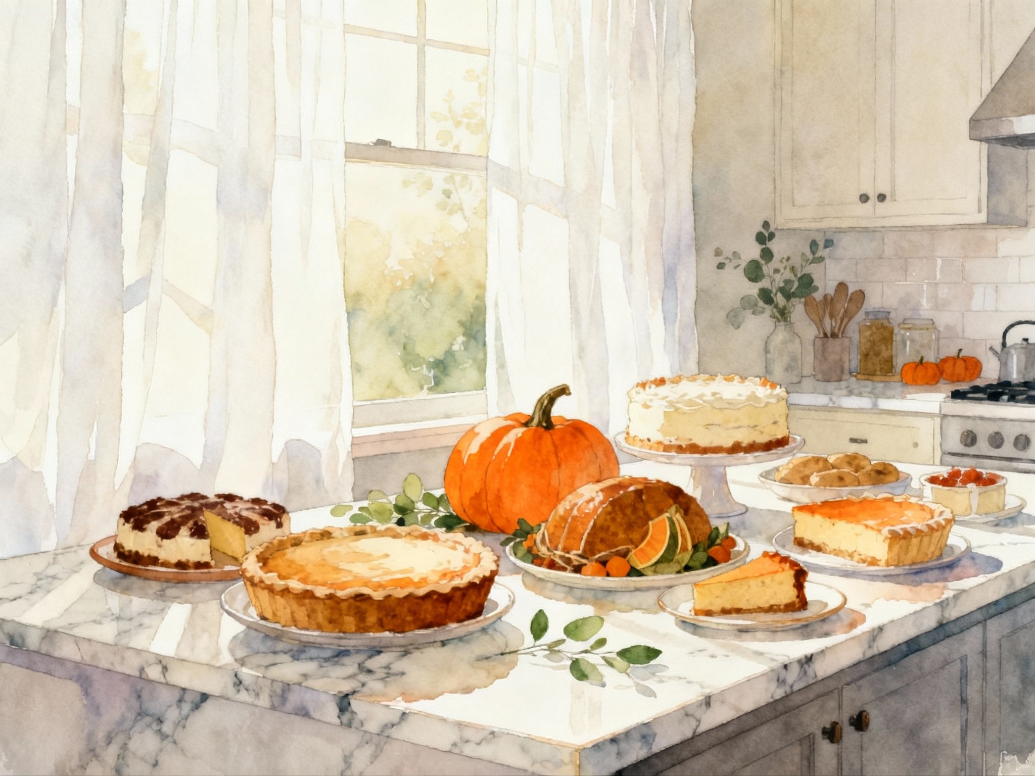 An early morning scene in a modern kitchen showcasing a meticulously styled Thanksgiving dessert