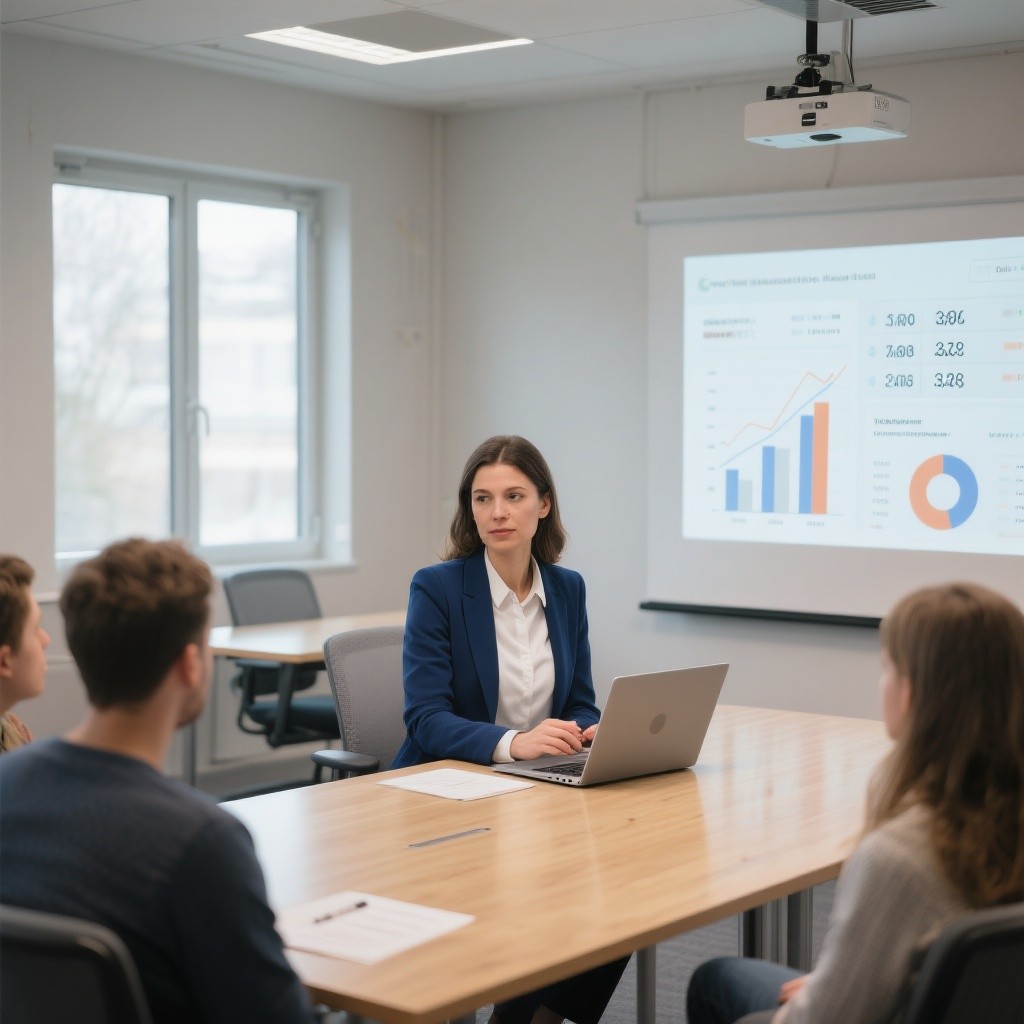 Formatrice concentrée sur son ordinateur portable analyse des graphiques de ventes dans une salle de formation moderne