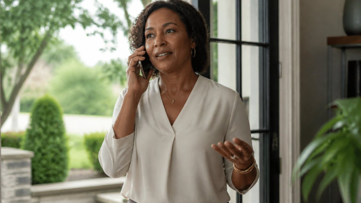 Professional woman in her 40s sitting at a desk with a notebook, having a video consultation on her laptop with a healthcare provider, natural lighting from a window
