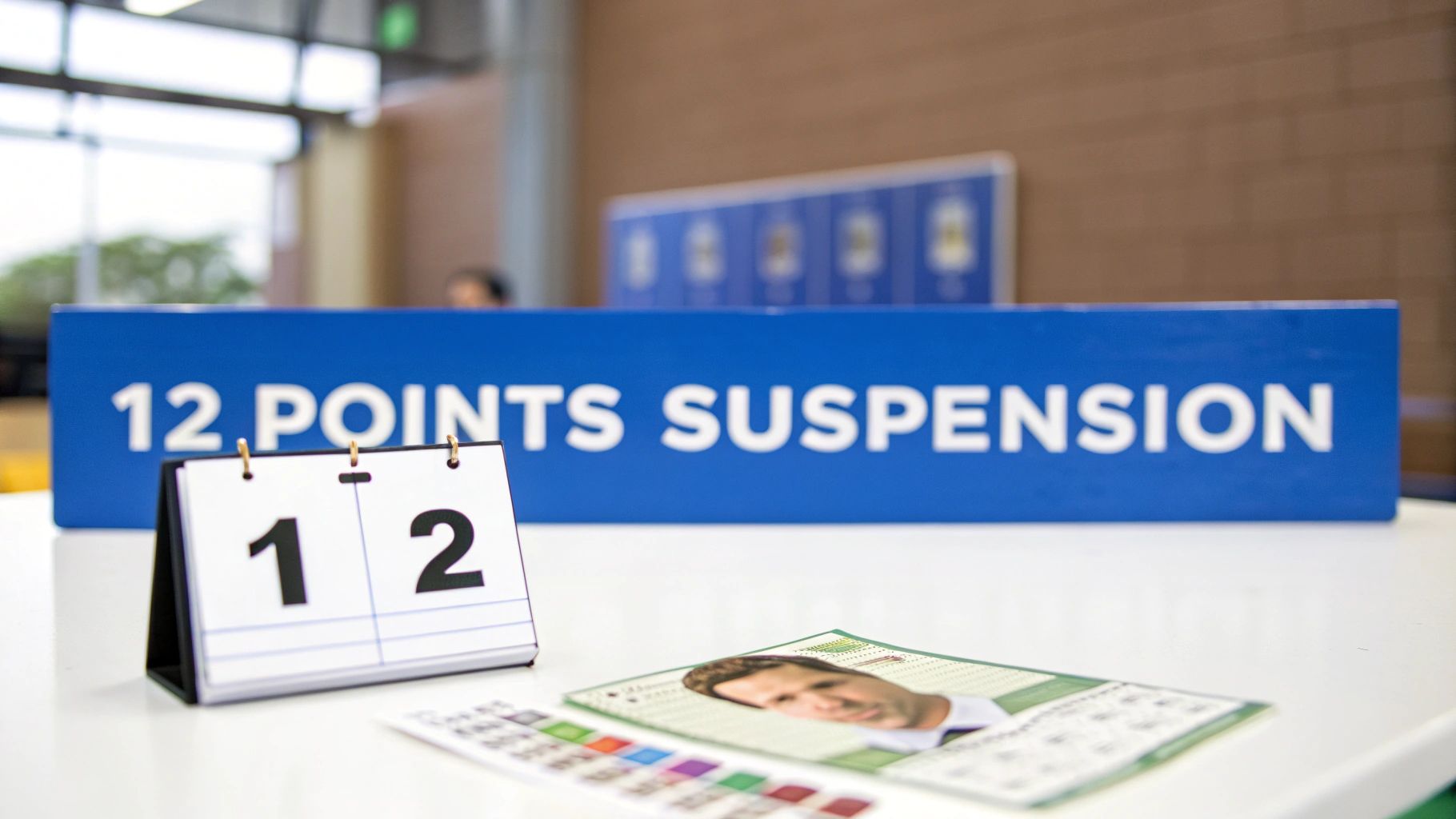 A blue sign reading '12 POINTS SUSPENSION' with a score flip calendar showing '12' and a document on a table.