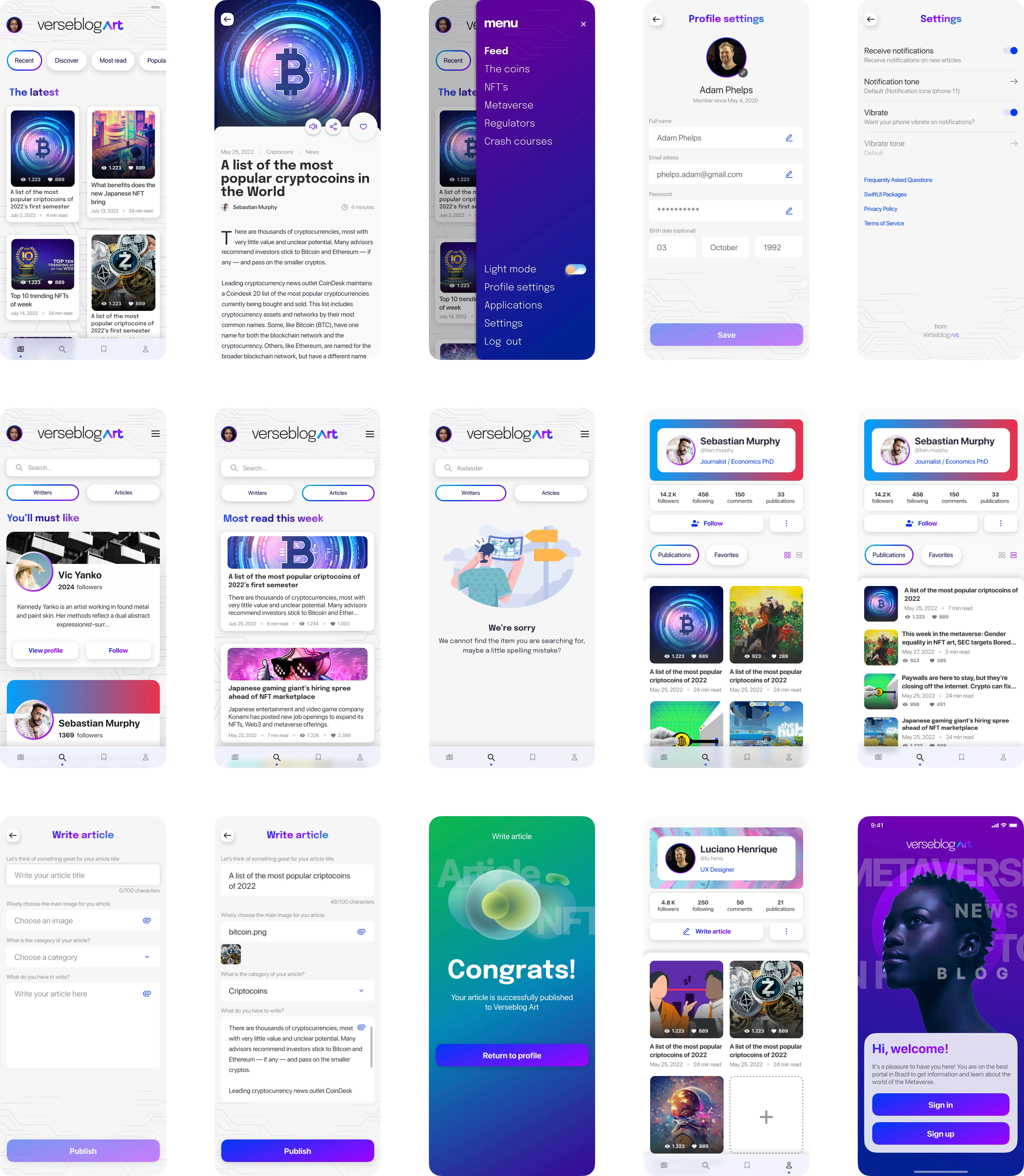 Interfaces em modo claro do aplicativo Verseblog Art