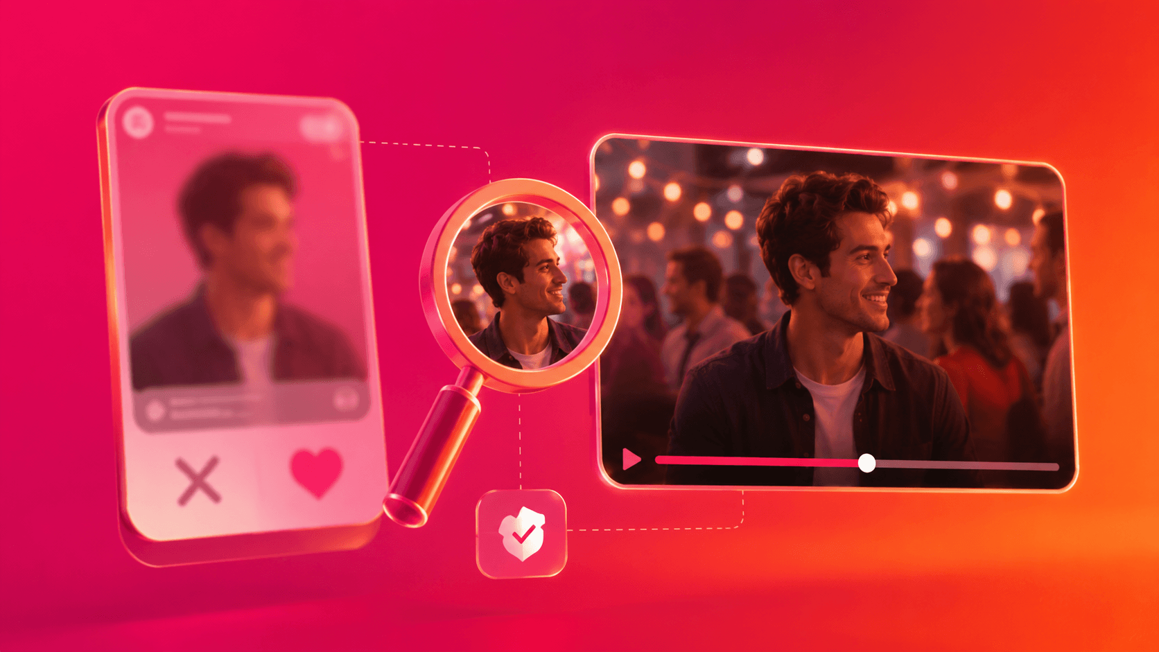 A blurred Tinder-style card next to a magnifying glass and video frame.
