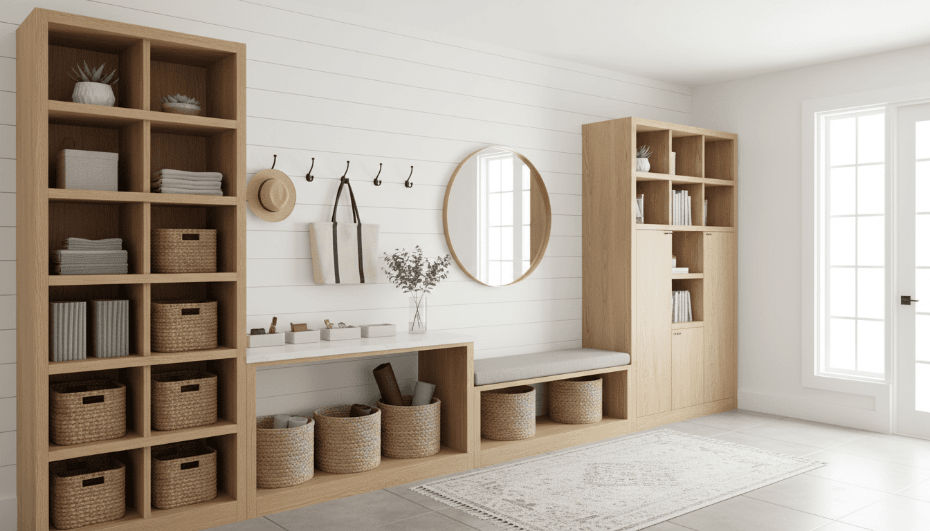 White oak cabinets in a bright light filled foyer with organization systems in place.