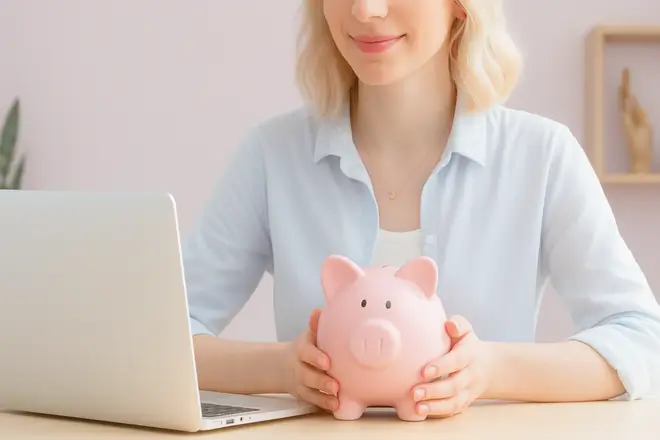 A woman sits at a wooden desk with a laptop and holds a pink piggy bank, symbolizing mindful spending and financial awareness—an illustration of the 4-Week Rule for smart online shopping.