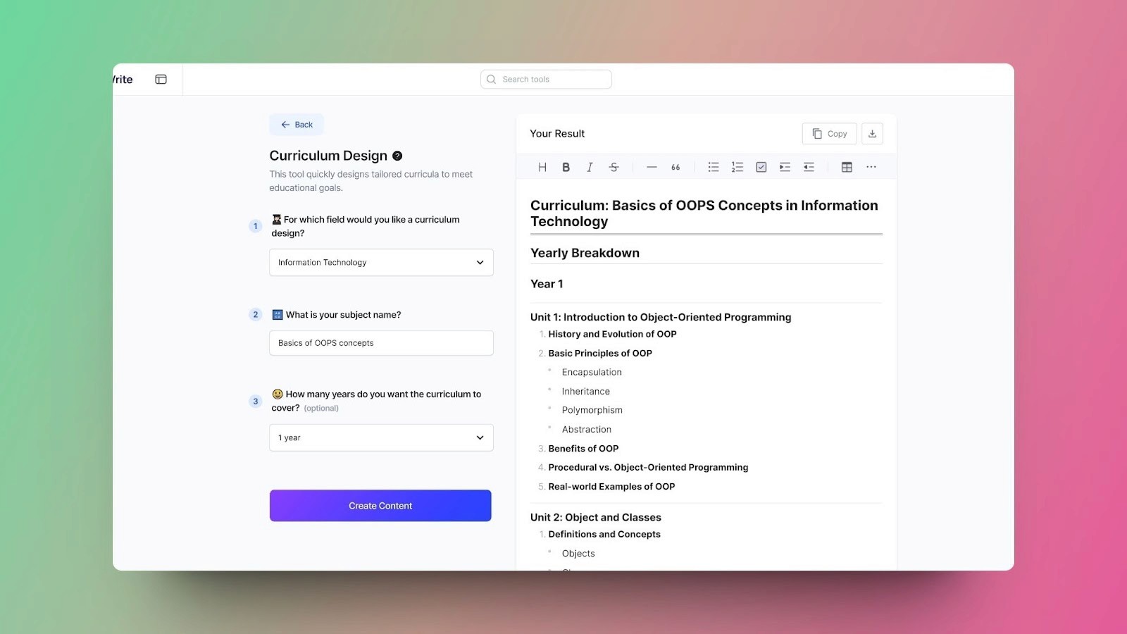 A screenshot of GravityWrite's Curriculum Design tool outlining a year-long curriculum for basics of OOPS concepts in information technology.