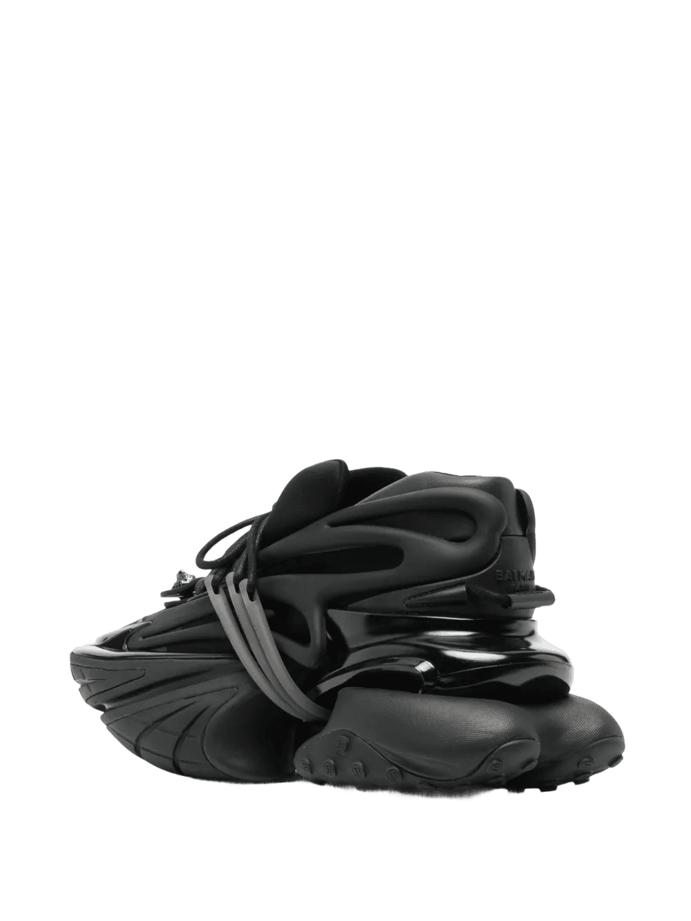 left side view of a pair of black clunky sneakers