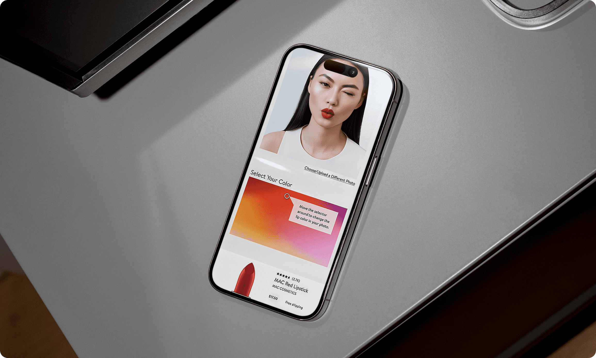 Nordstrom beauty app showing lipstick color selection interface with woman wearing red MAC lipstick on smartphone screen