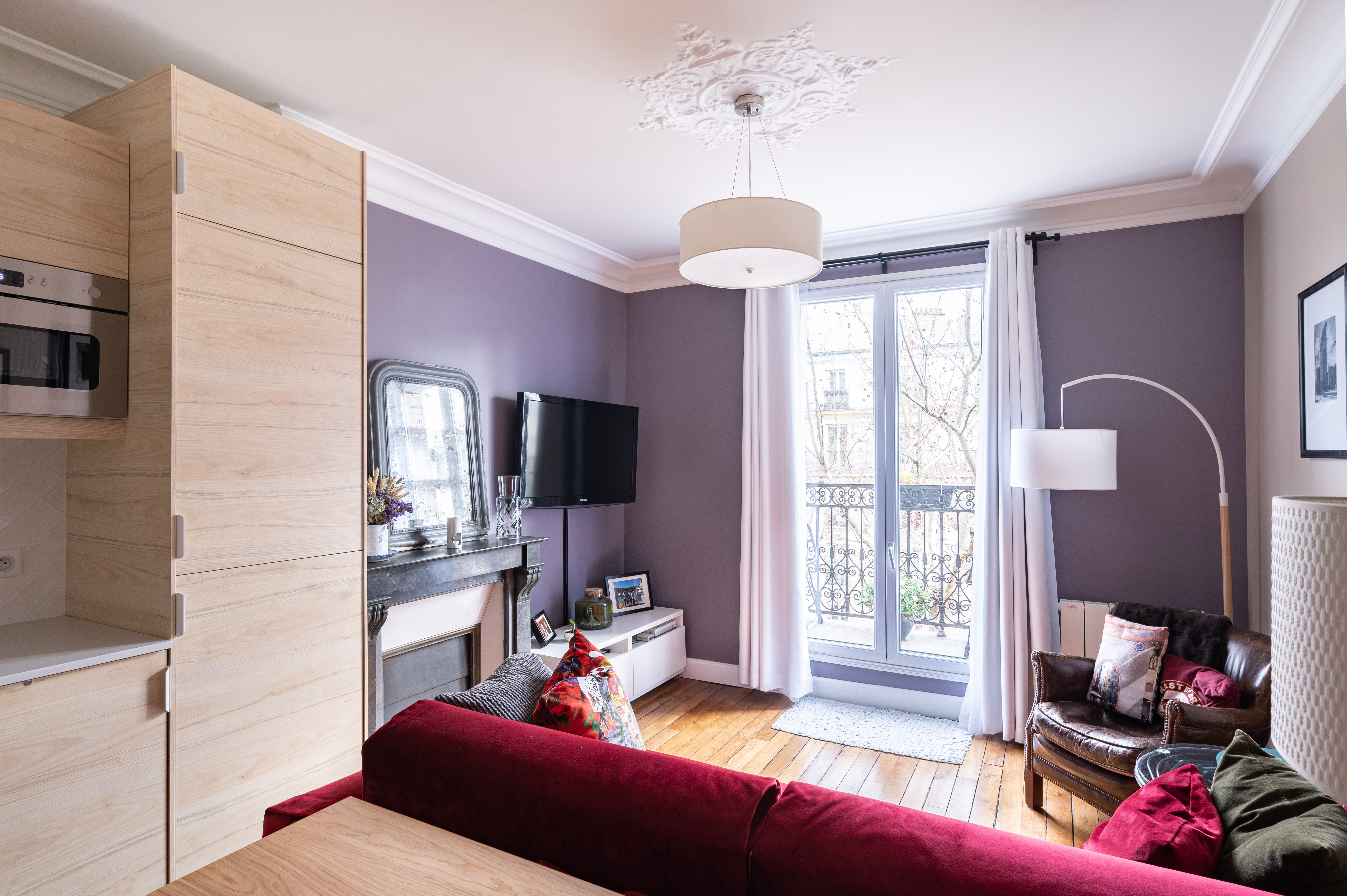 Dark theme kitchen with beautiful view from window