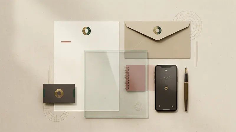 Sistema de identidad visual con tarjetas, papelería corporativa y pantalla móvil organizados sobre superficie minimalista.
