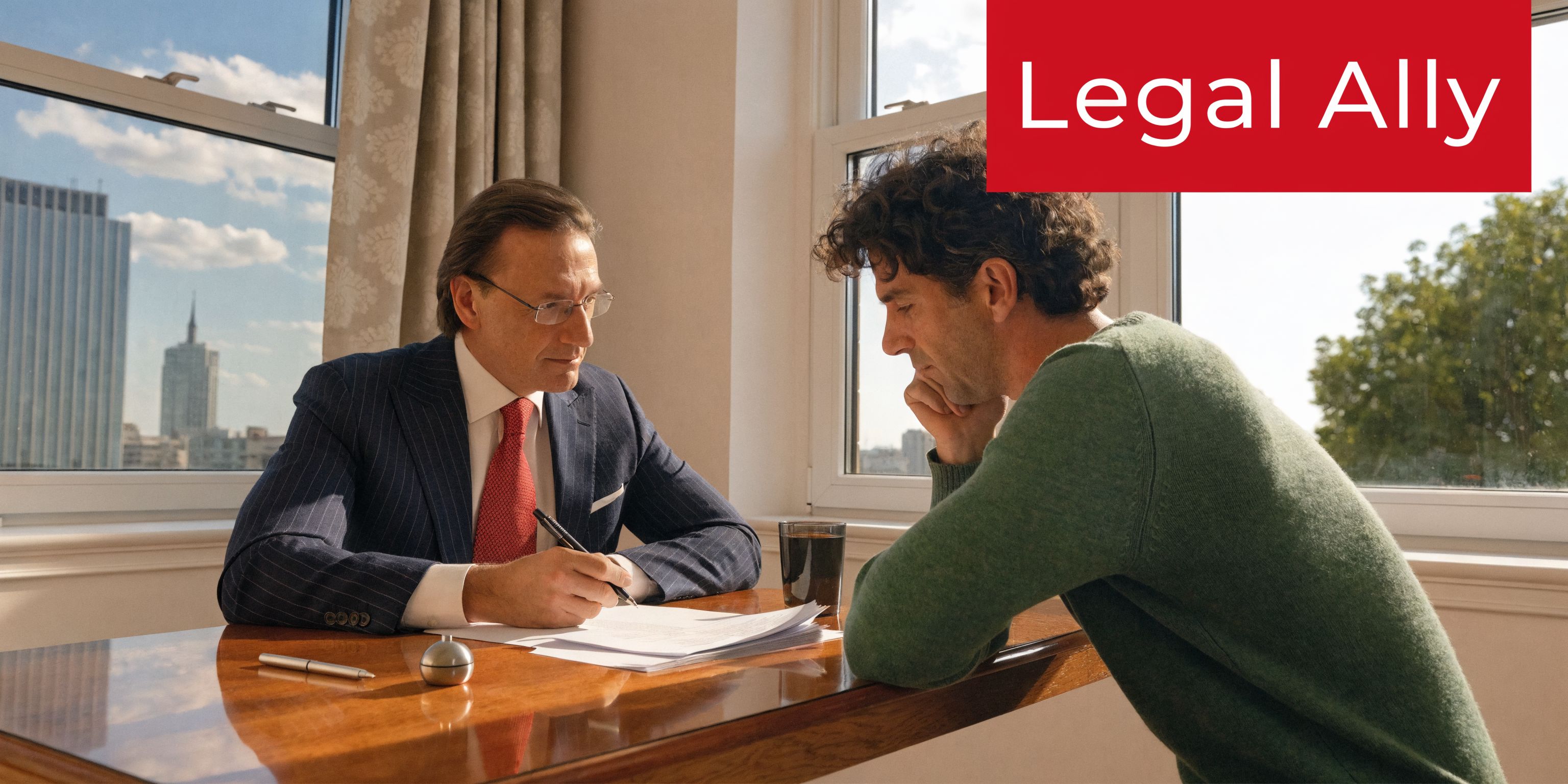 A professional lawyer in a suit discusses legal documents with a concerned client in an office.