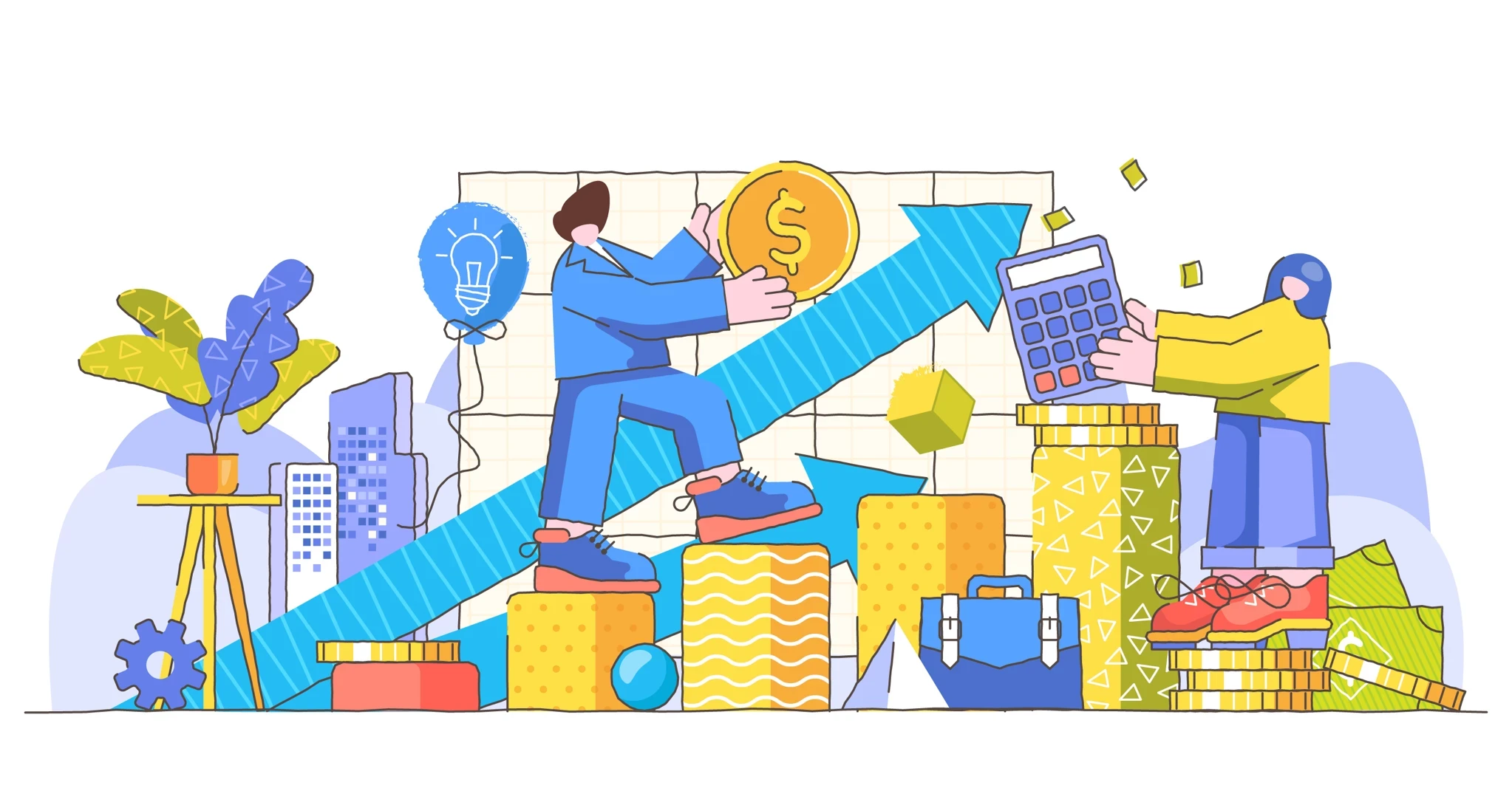 Ilustrasi orang-orang yang bekerja dengan grafik pertumbuhan dan uang koin, menunjukkan bahwa investasi awal pada arsitektur modular lebih tinggi.