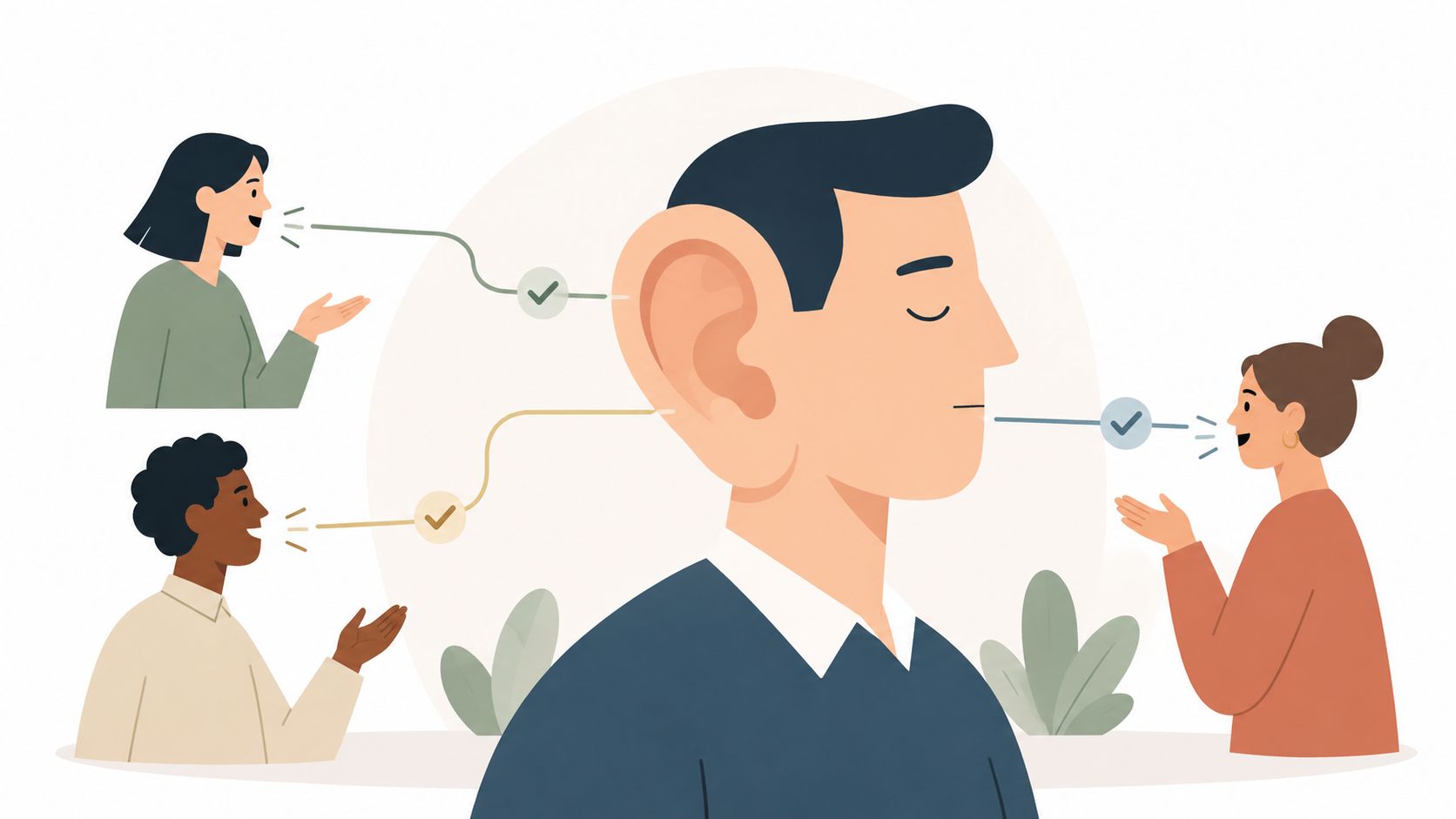 A person listening to multiple speakers, representing active communication and effective listening skills for leadership.