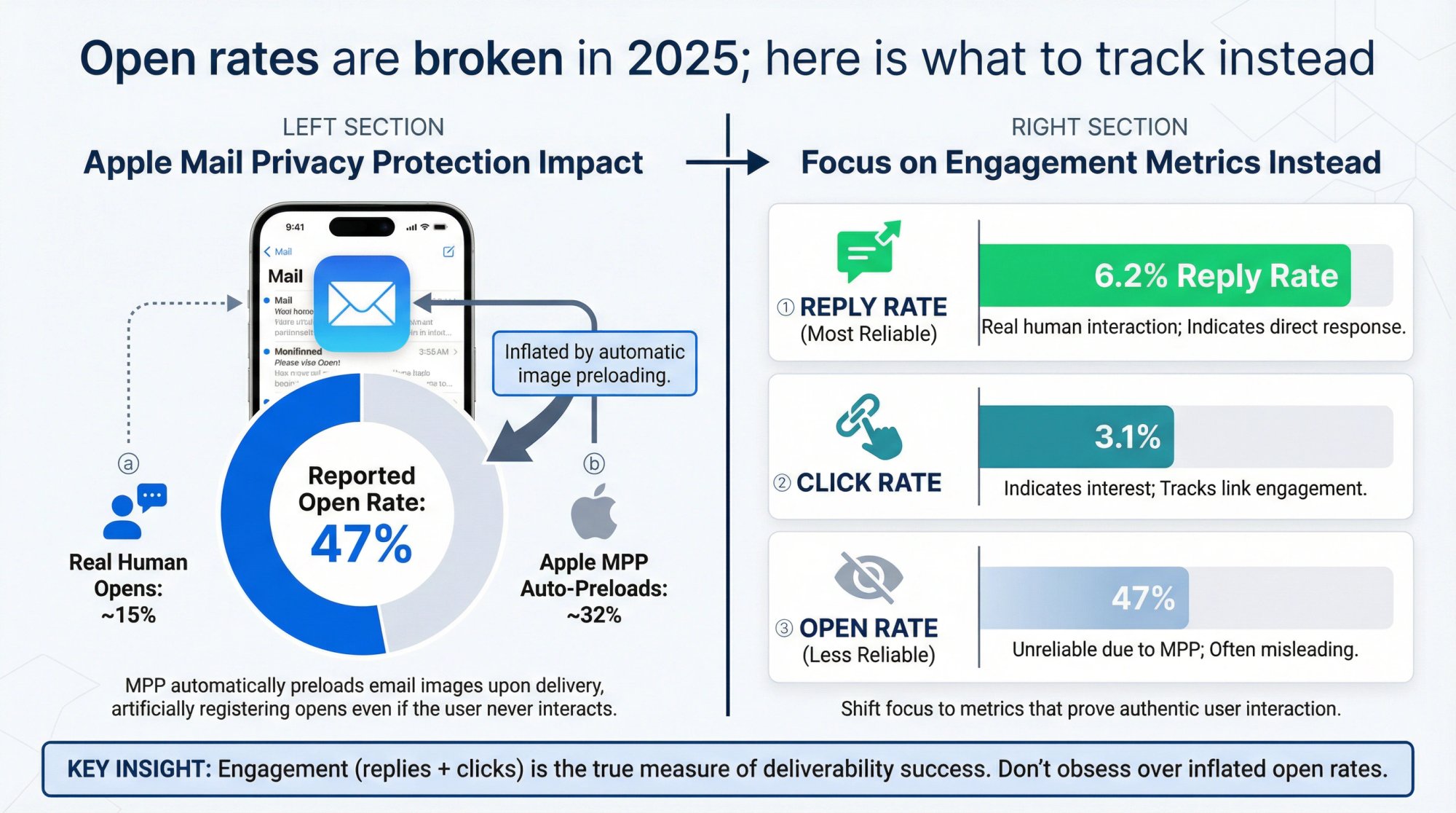 Infographic comparing Apple Mail Privacy Protection false positive opens vs real engagement signals for cold email tracking