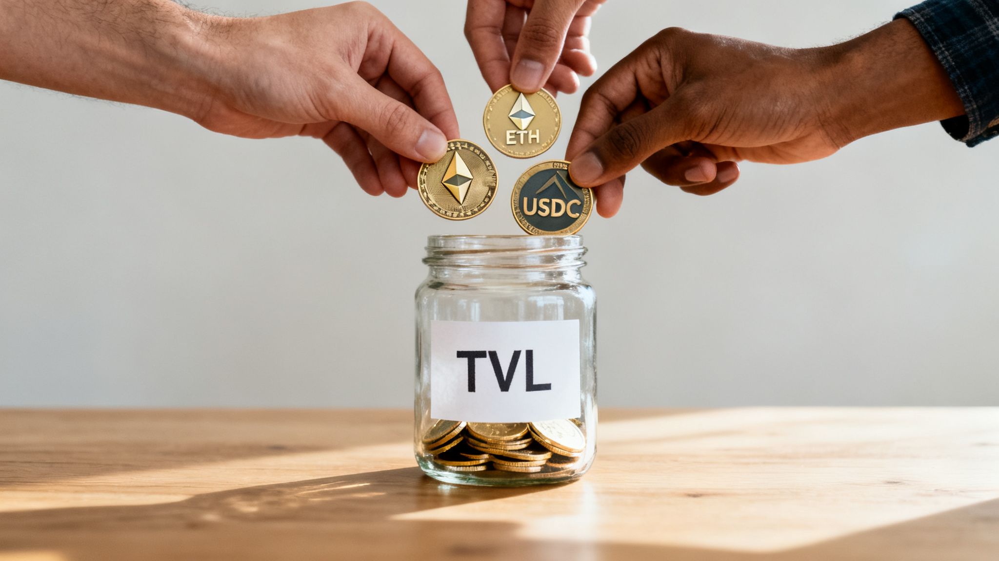 Three diverse hands dropping Ethereum and USDC crypto coins into a glass jar labeled 'TVL'.