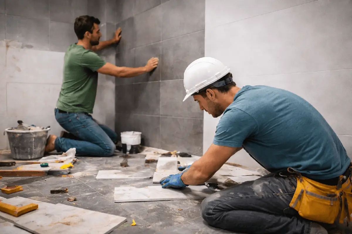 Ανακαίνιση σπιτιού σε εξέλιξη τεχνίτες τοποθετούν πλακίδια και κάνουν εργασίες αναβάθμισης εσωτερικού χώρου κατοικίας.