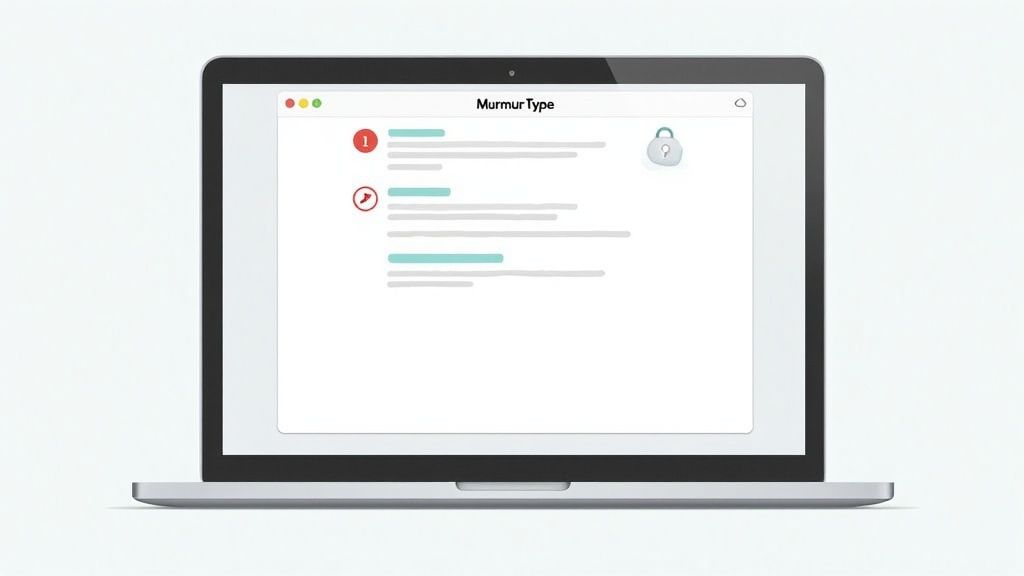 A silver laptop displays the 'MurmurType' software interface with text lines, numbered icons, and a padlock.