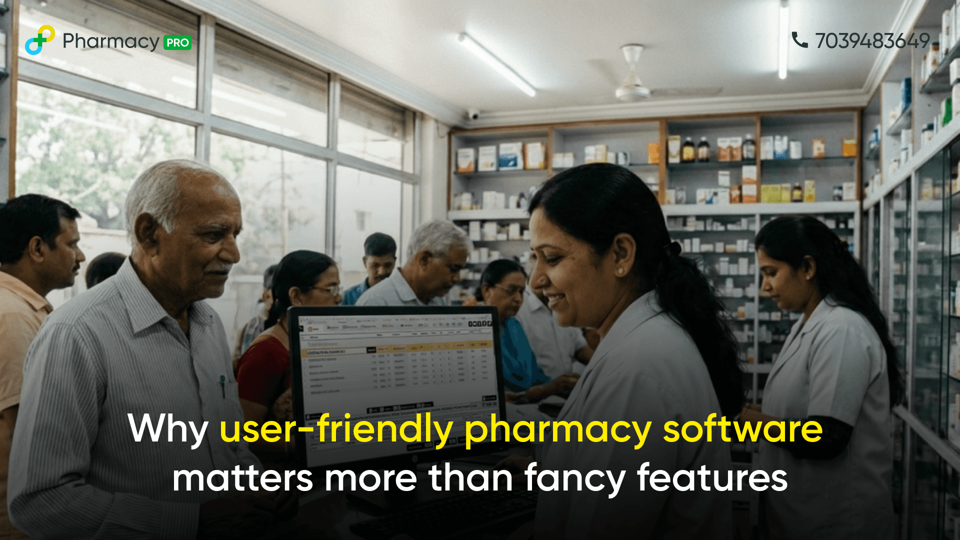 Indian pharmacist confidently billing an elderly customer at a busy medical store counter using simple pharmacy software, with other staff and customers visible in the background.