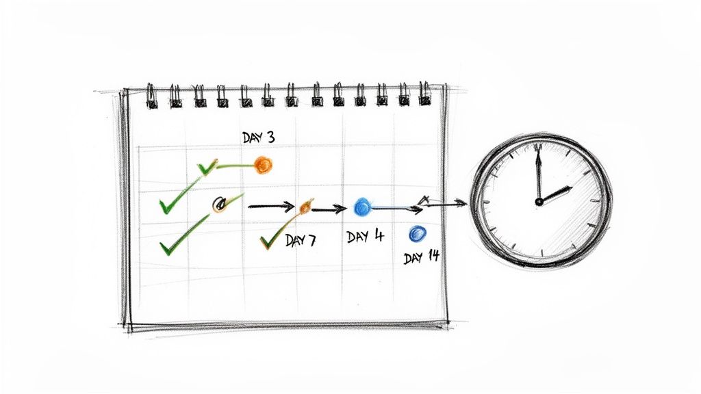 A hand-drawn calendar shows a timeline with tasks marked by checkmarks and dates, next to a clock.
