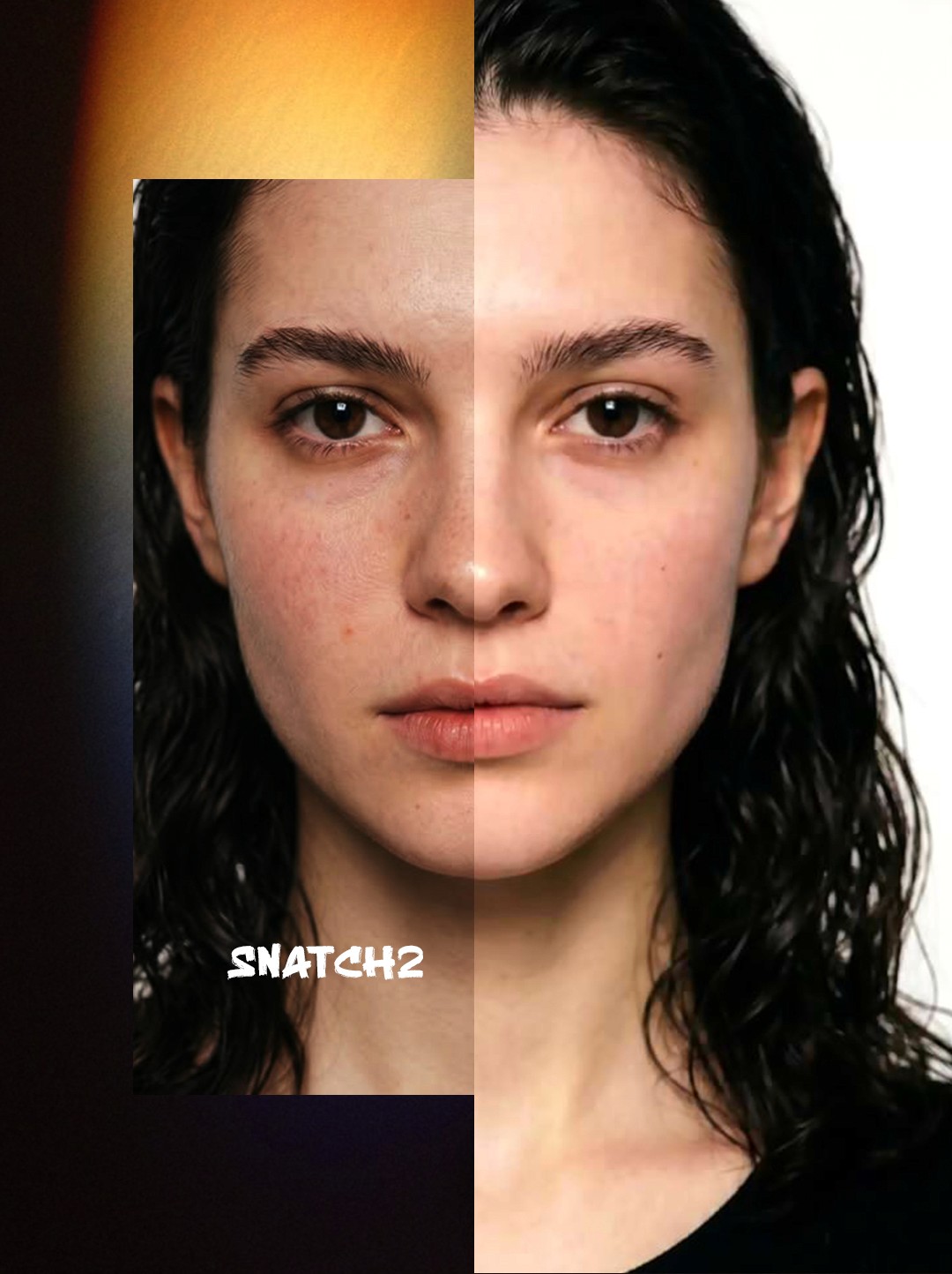 Retrica Face AI SNATCH preset before and after — sculpted, high-fashion look with defined contours and lifted cheekbones