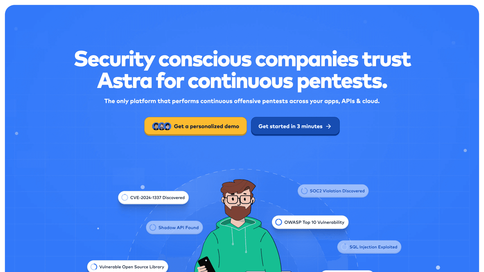 Astra Security homepage with the headline Security conscious companies trust Astra for continuous pentests