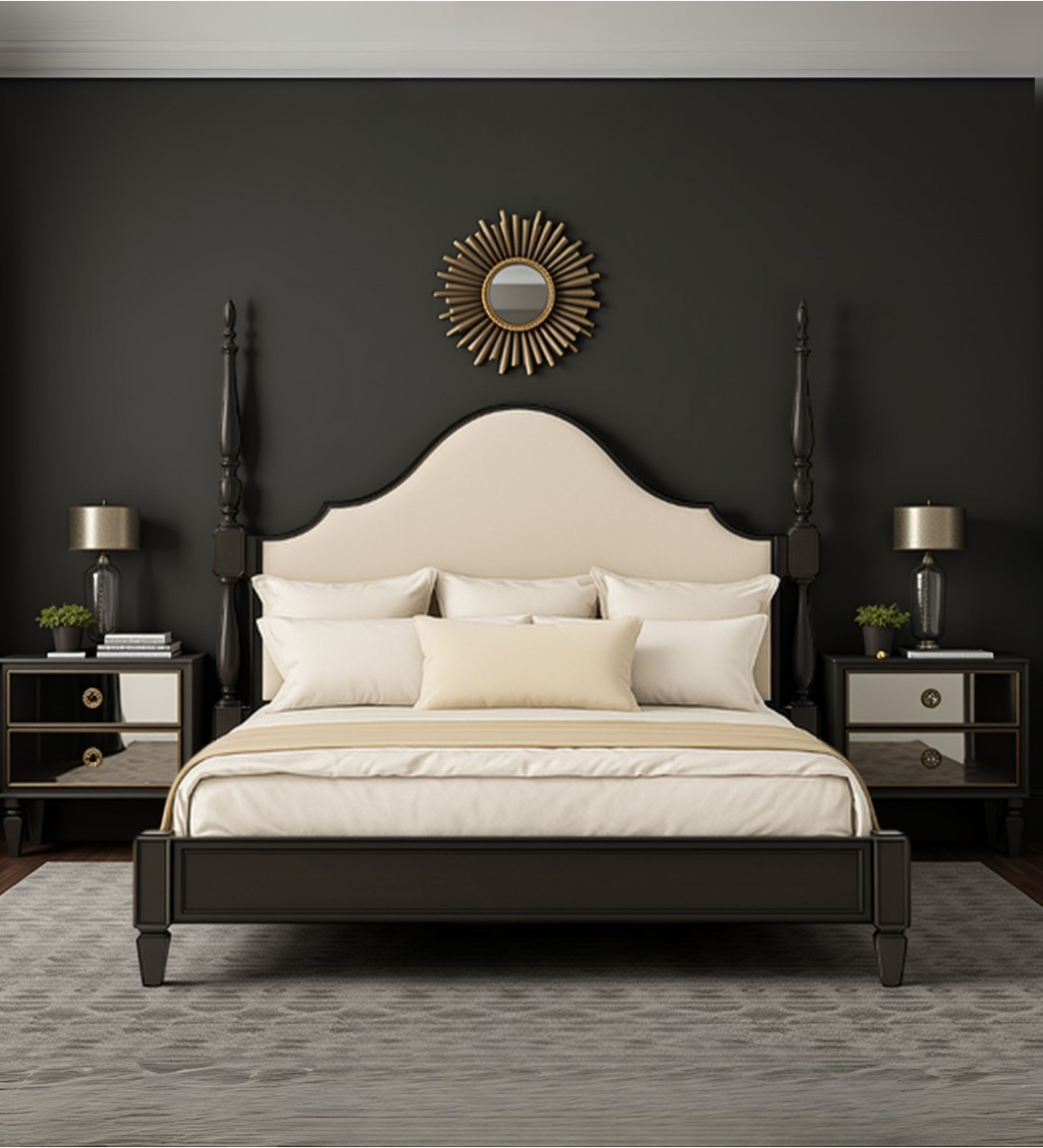 Upholstered bed with arched headboard and slim framed base