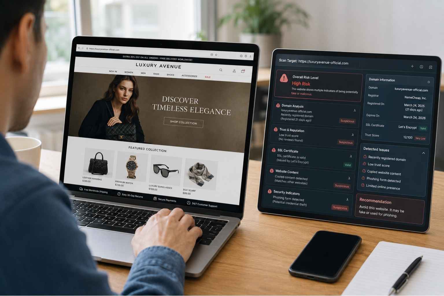 Side-by-side comparison of a legitimate luxury shopping website and a fake scam website showing suspicious URLs, unrealistic discounts, and warning signs