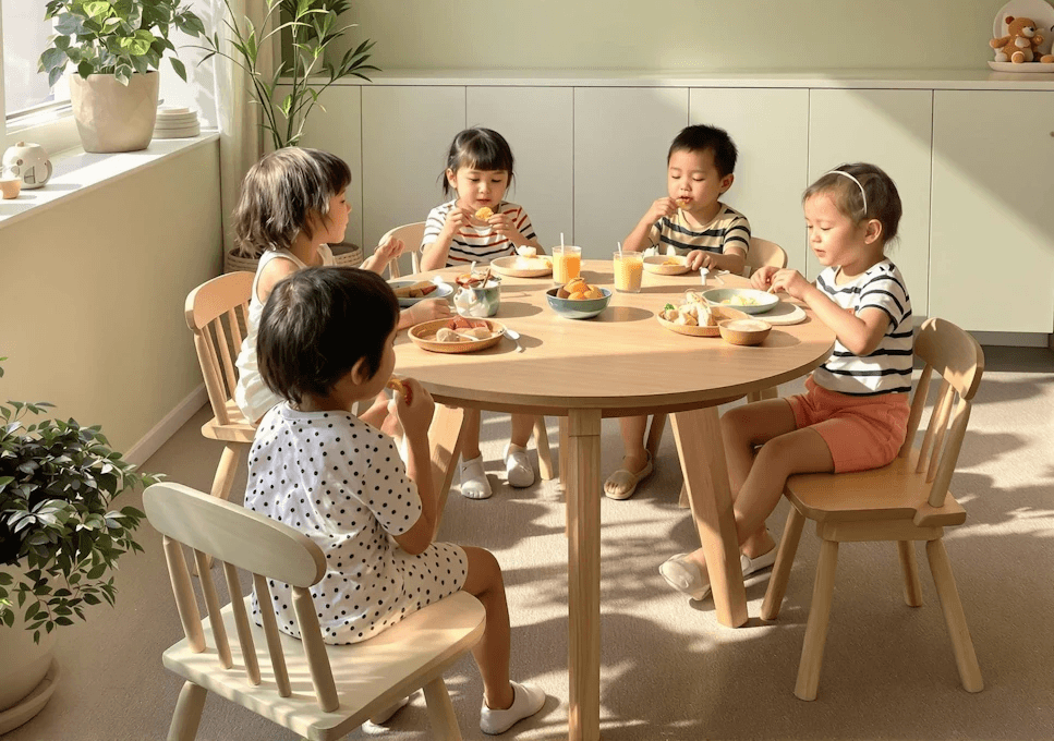 Five young children enjoy a meal together in a bright, pastel green room with cozy decor, natural light, and a modern wooden table.