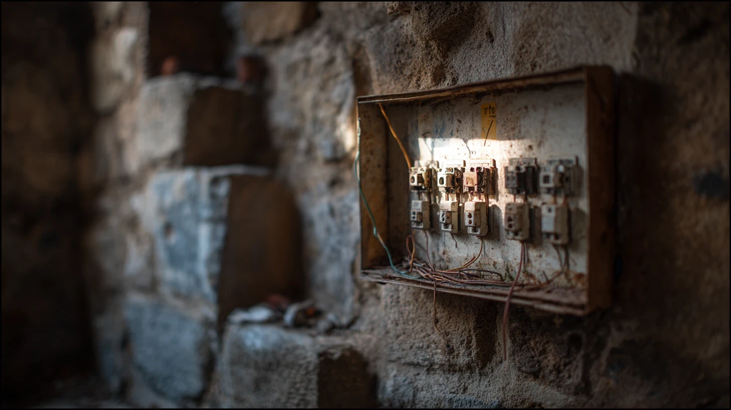 Tableau électrique vétuste avec fusibles en porcelaine et fils en tissu dans une maison ancienne du Tarn — diagnostic MODELEC électricien à Gaillac