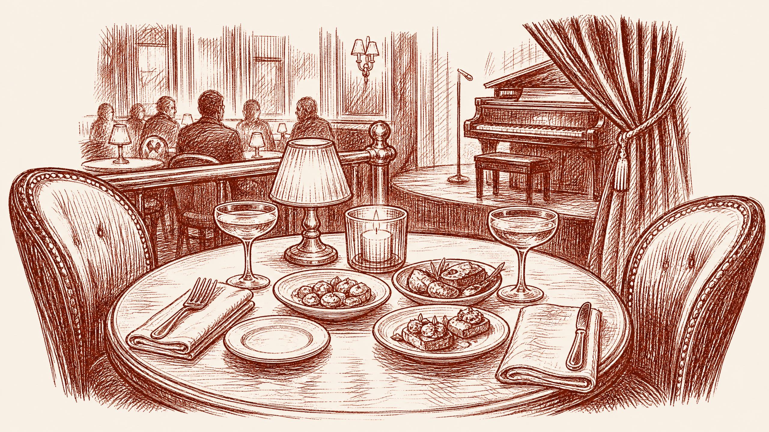 A single date-night table beside a small performance area, with two upholstered chairs, live music tampa