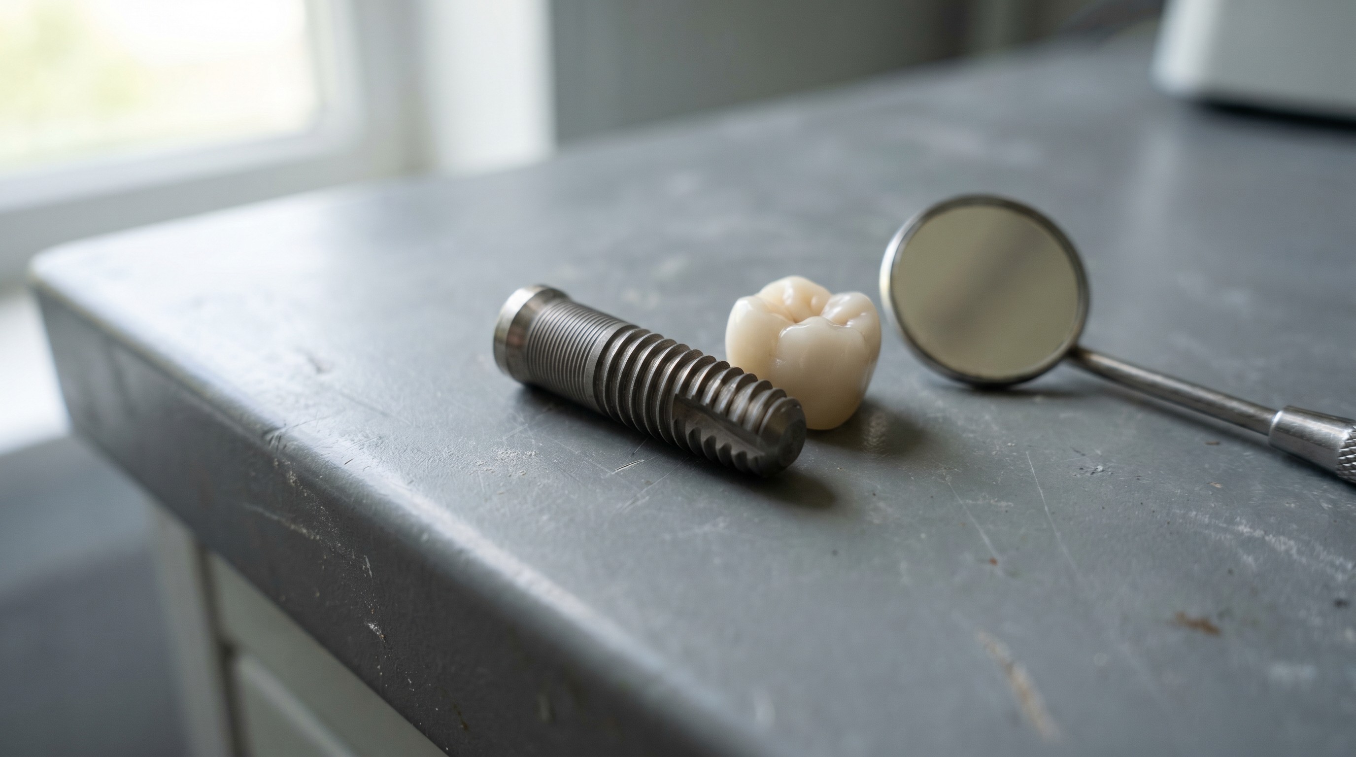 Titanium dental implant post and ceramic crown displayed separately on a neutral surface