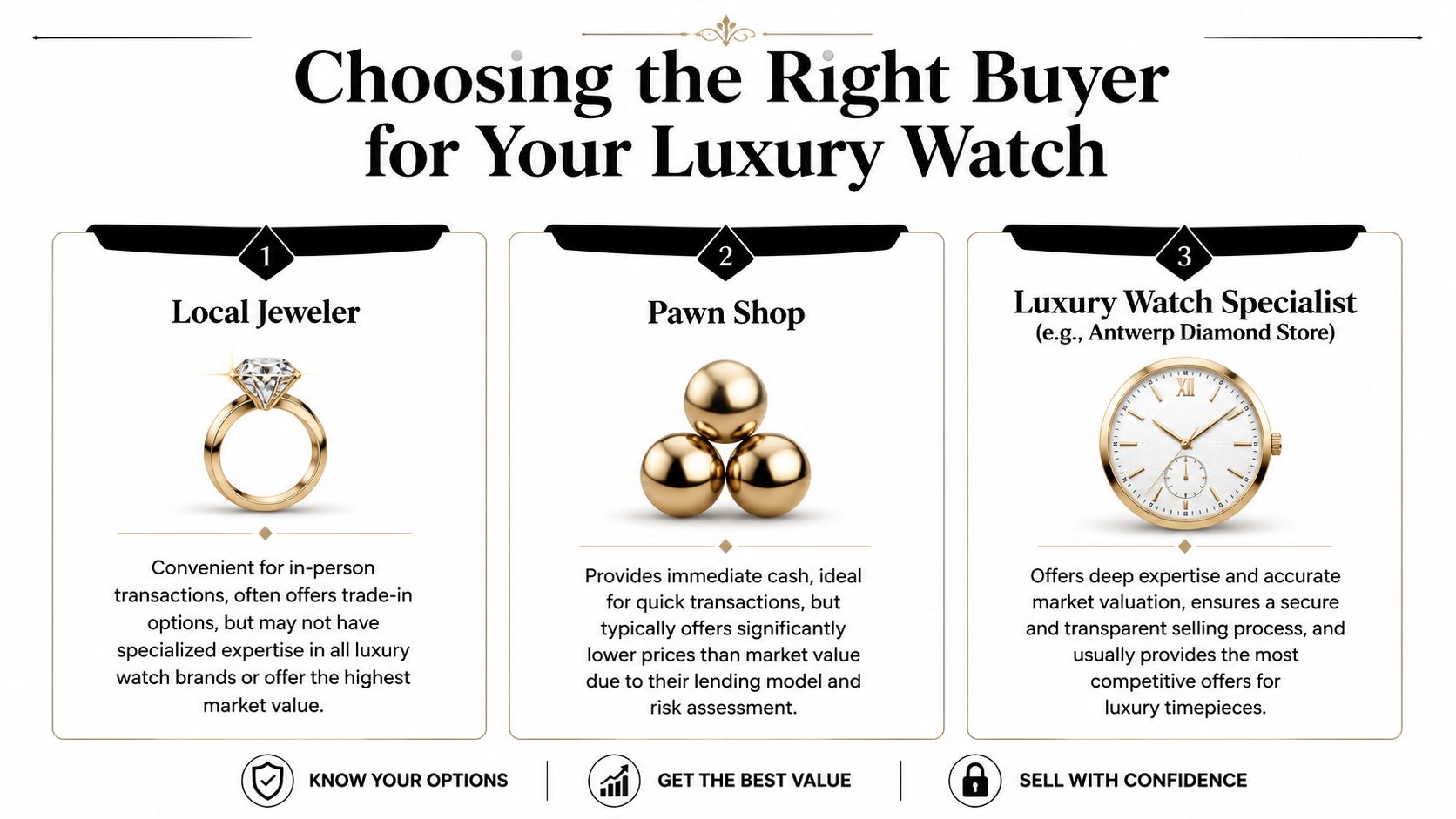 A comparison guide for choosing the best buyer for your luxury watch, including local jewelers, pawn shops, and specialists.