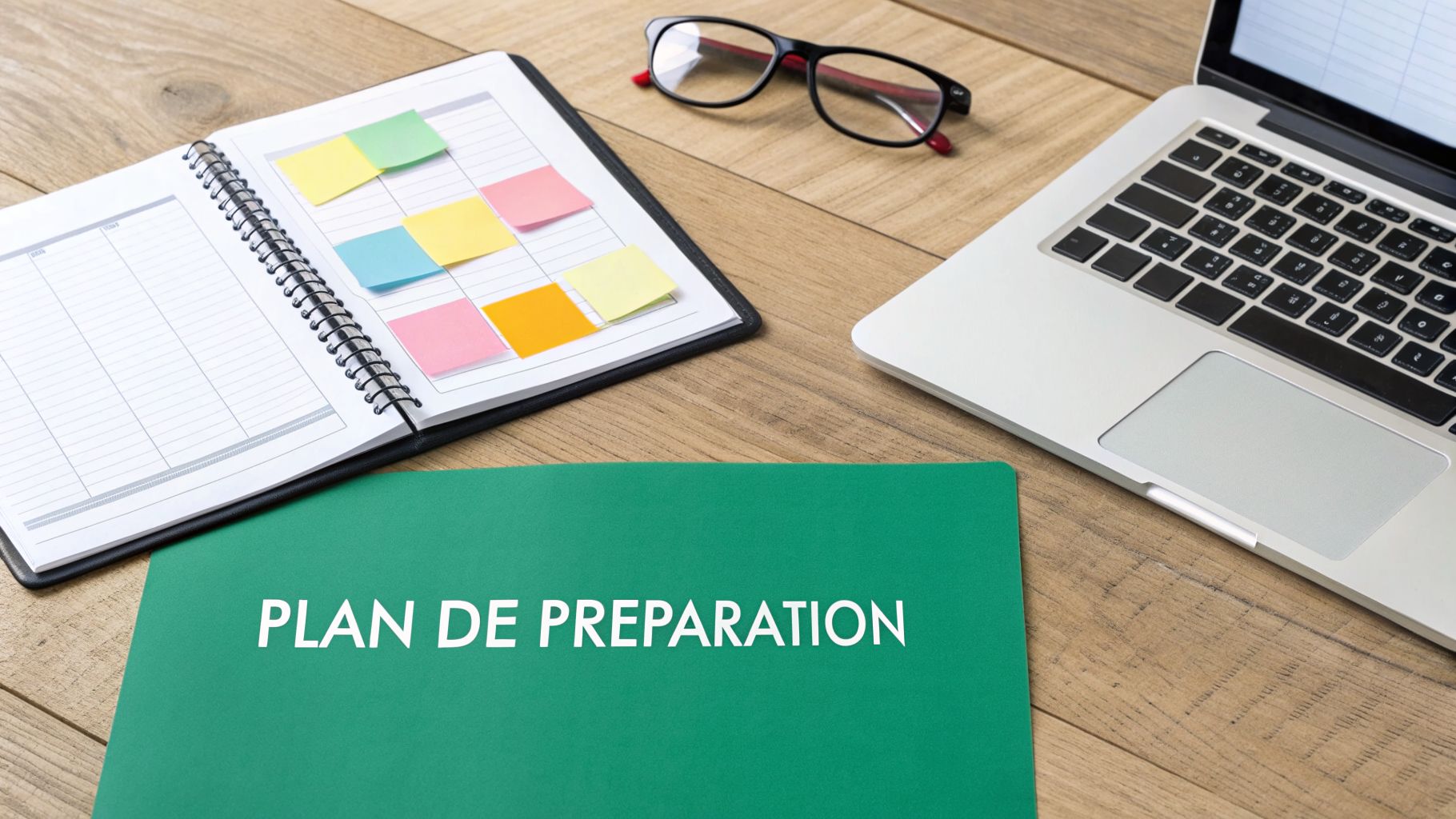 Un bureau en bois avec un agenda, des post-it colorés, des lunettes, un ordinateur portable et un dossier vert marqué