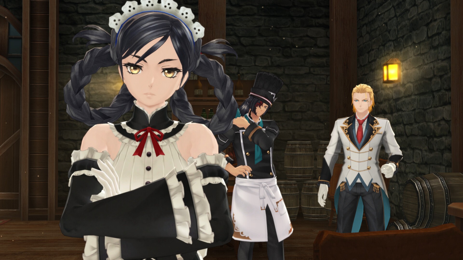 Scène narrative avec personnages principaux dans Tales of Berseria Remastered PC, dialogue en environnement médiéval sombre