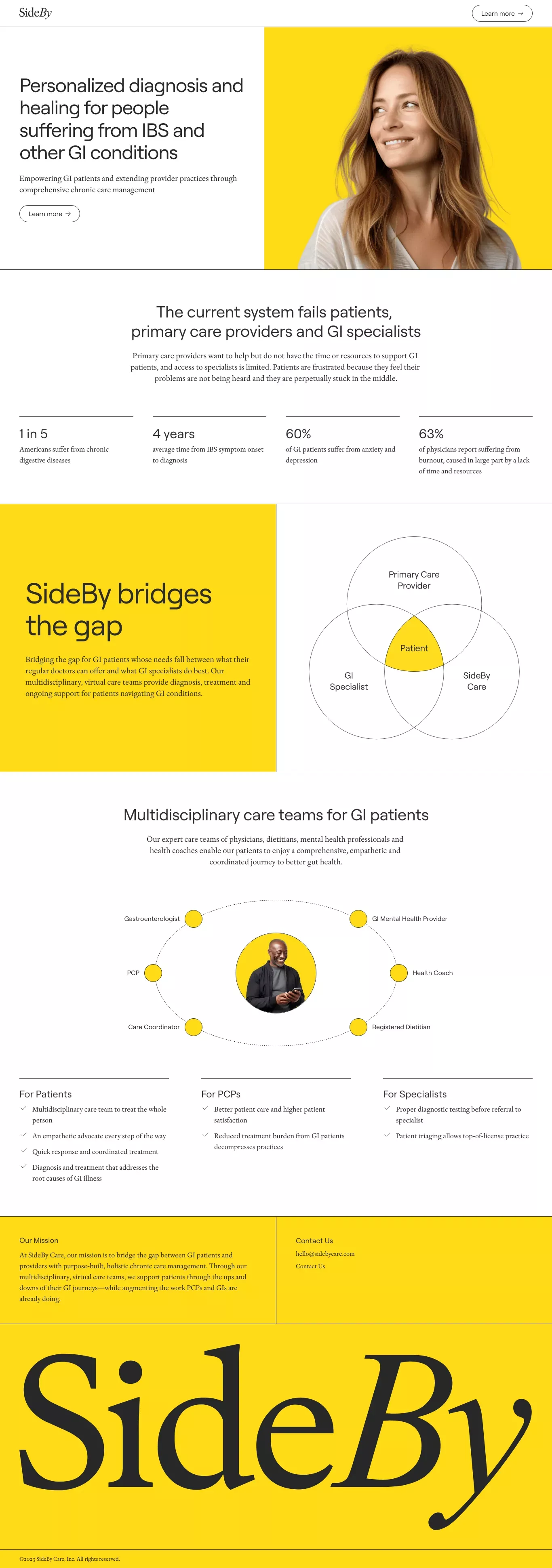SideBy Care landing page screenshot showcasing Medical design