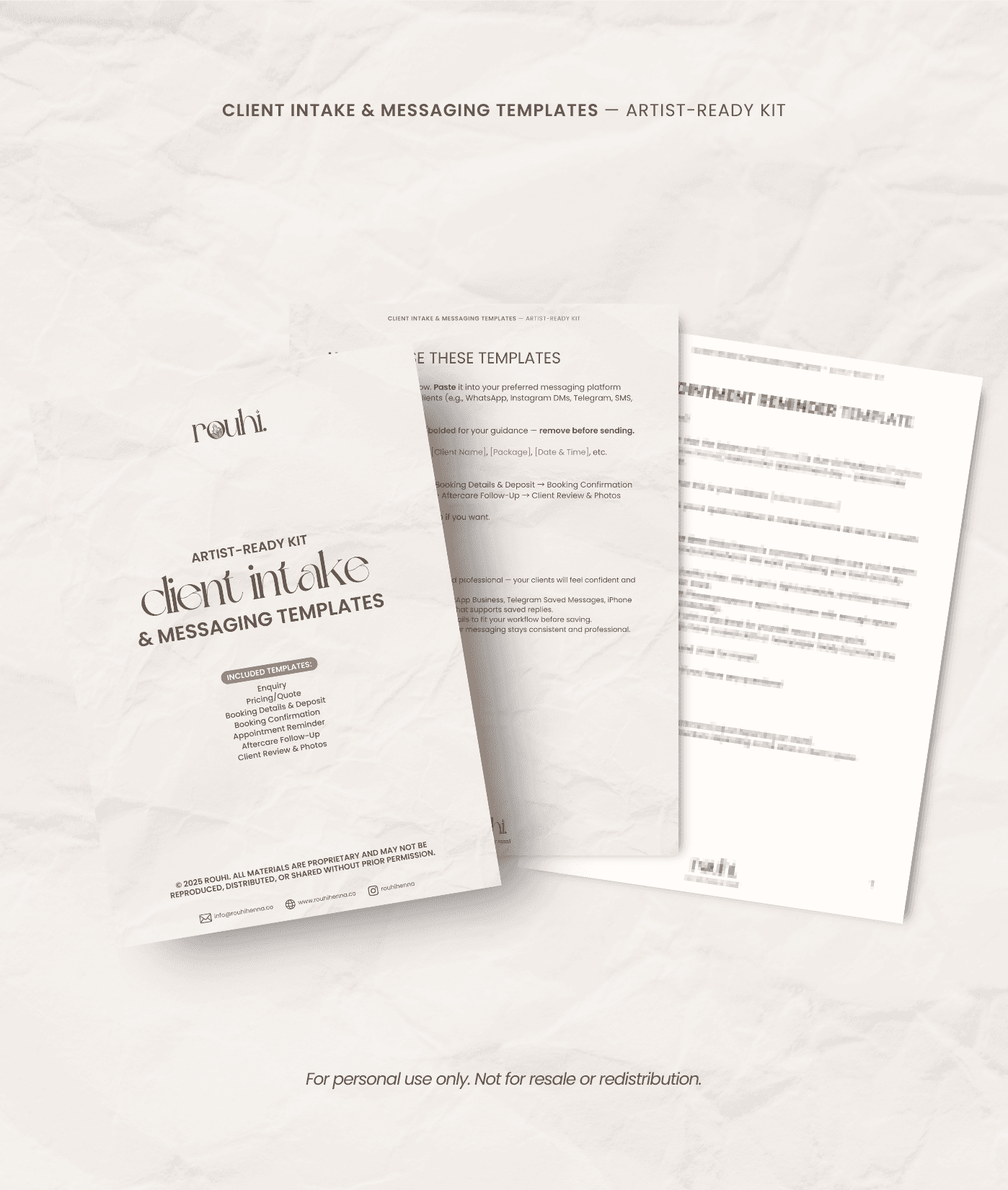 Client intake and messaging templates by Rouhihenna in Singapore.