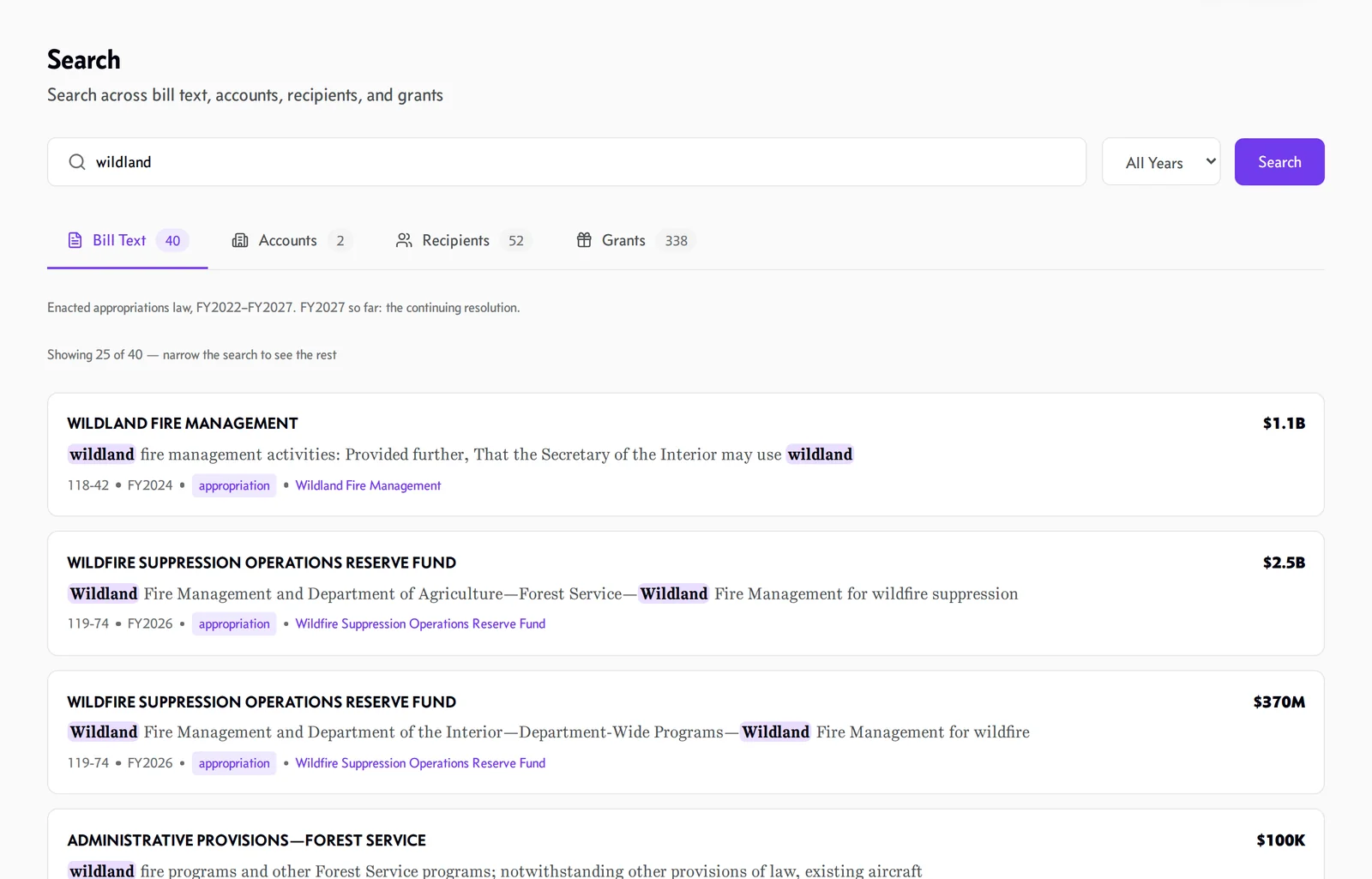 One search across bill text, accounts, recipients and grants.