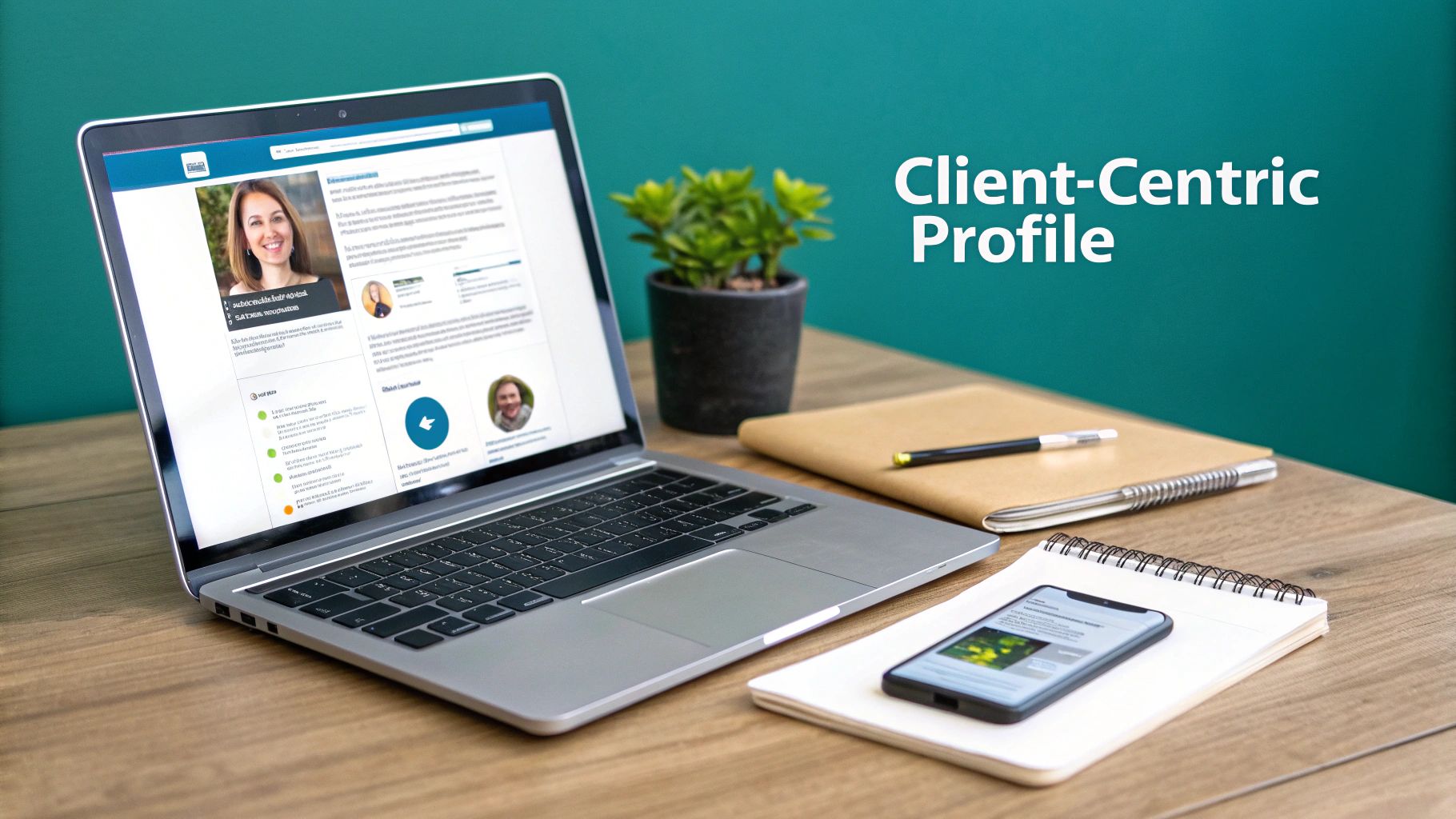 A laptop showing a professional, client-centric profile, alongside office supplies on a wooden desk.