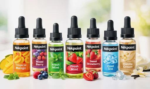 Verschiedene elegante Liquidflaschen für E-Zigaretten vor warm beleuchtetem Hintergrund