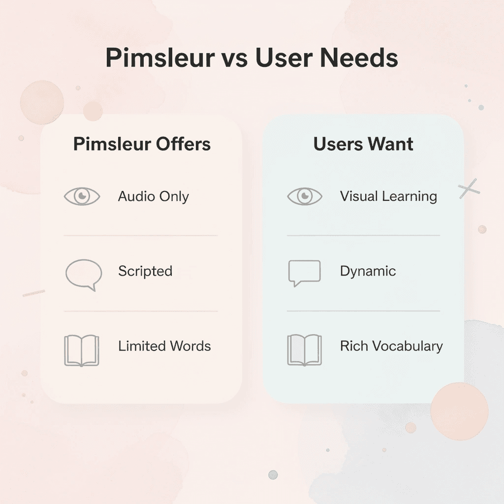 Comparison chart showing Pimsleur limitations versus user preferences