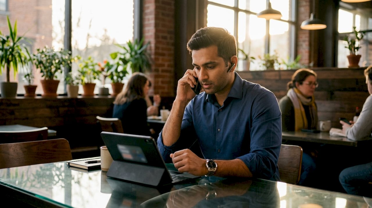 Salesperson making quick lead follow-up call in office