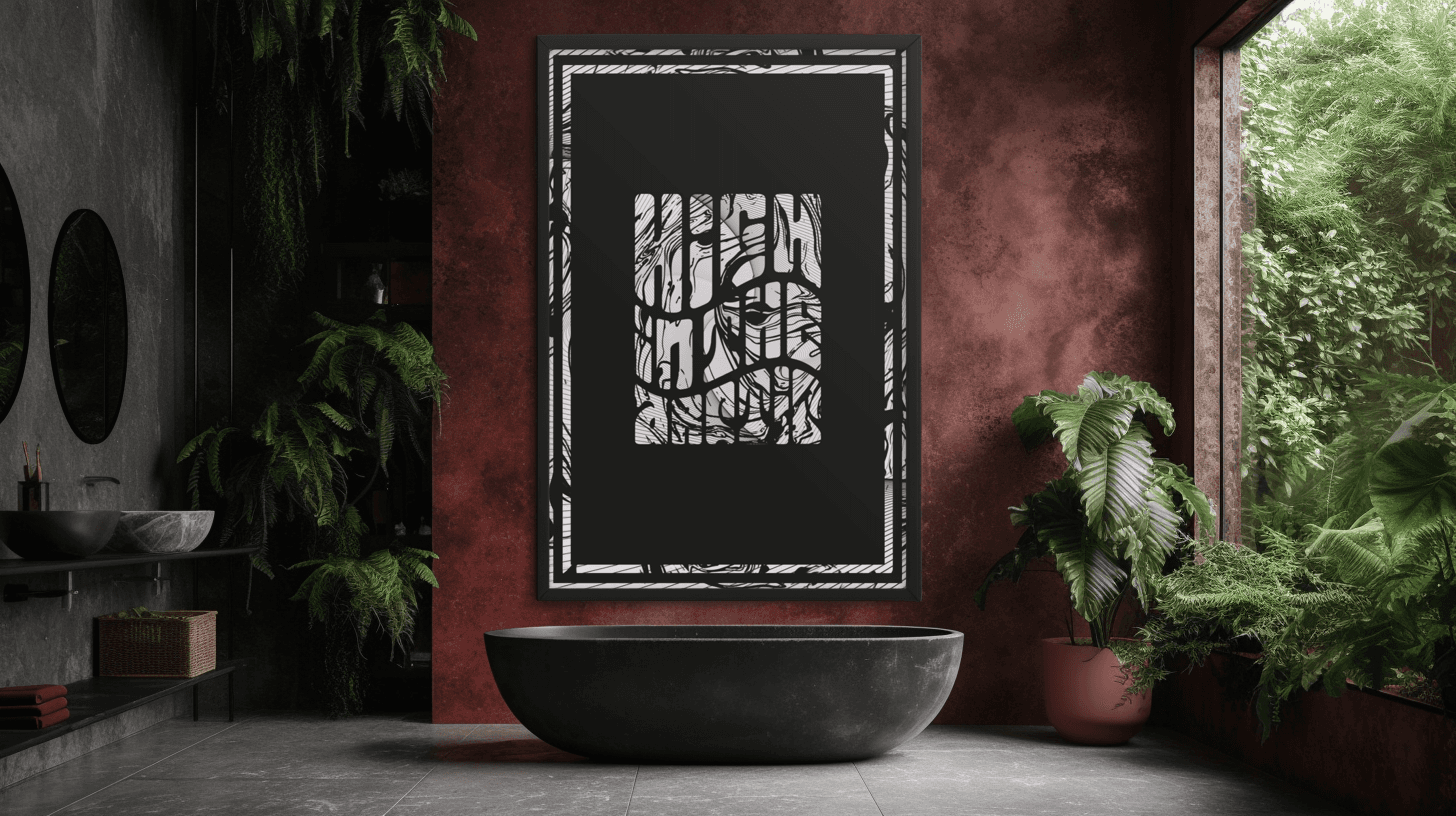 Poster design on the wall inside a bathroom