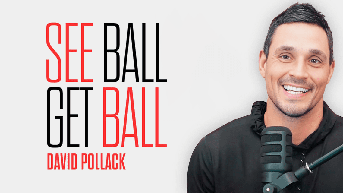 A man smiling and speaking into a microphone, with the words SEE BALL GET BALL DAVID POLLACK in bold black and red text beside him on a light background.