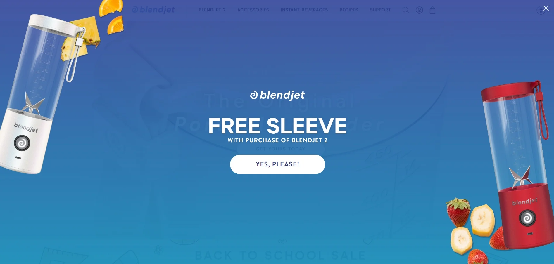 Full-screen exit-intent popup for BlendJet offering a free sleeve with the purchase of a BlendJet 2 to increase average order value and prevent cart abandonment