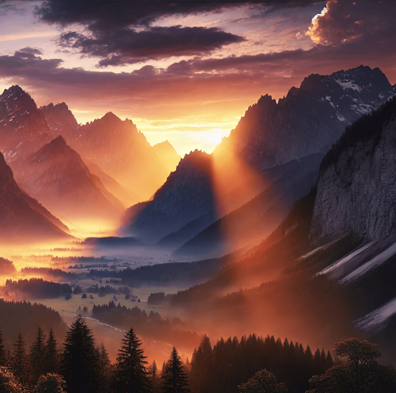 Sunset breaking through mountain range