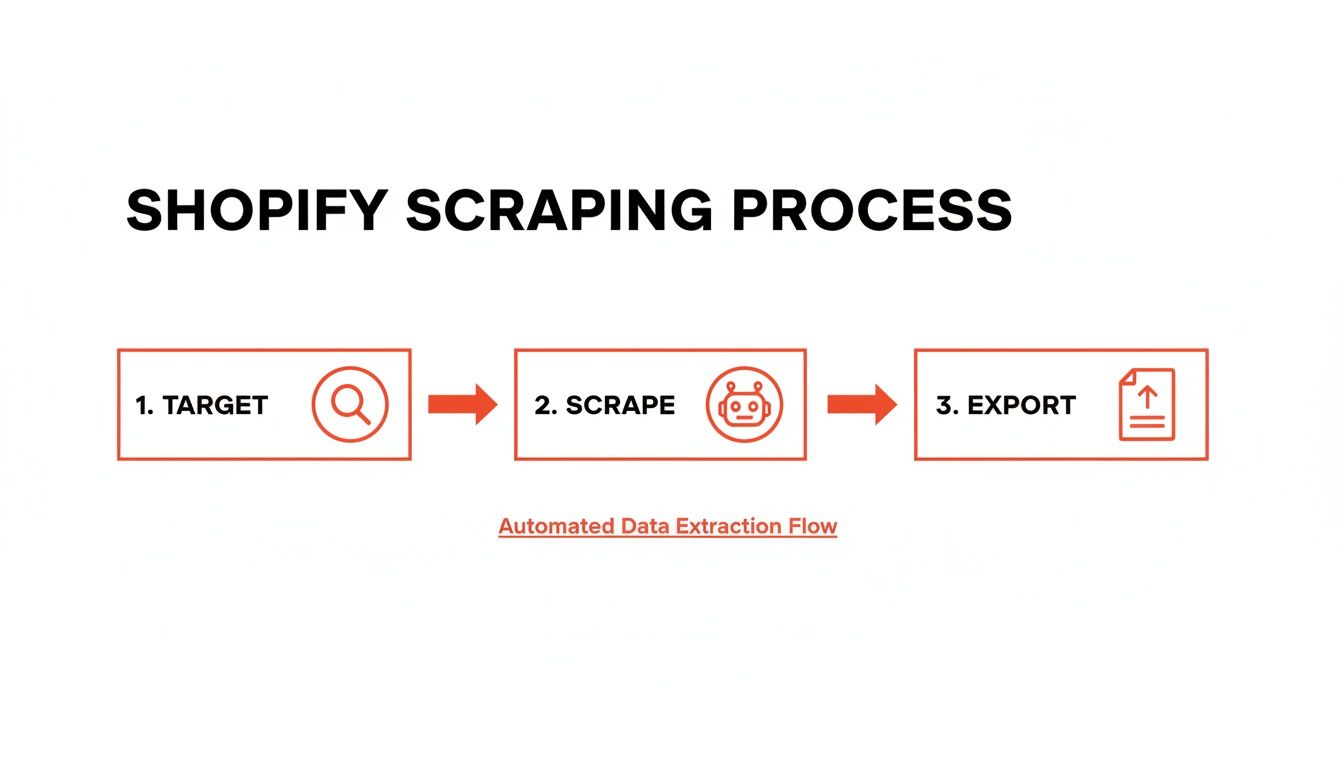 Diagram showing the Shopify scraping process: 1. Target, 2. Scrape, 3. Export for automated data extraction.