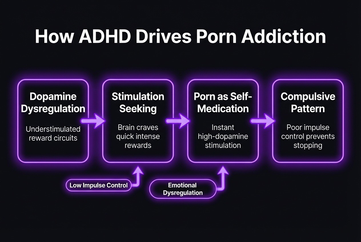 Flow diagram showing how ADHD drives porn addiction through dopamine dysregulation, stimulation seeking, self-medication, and compulsive patterns