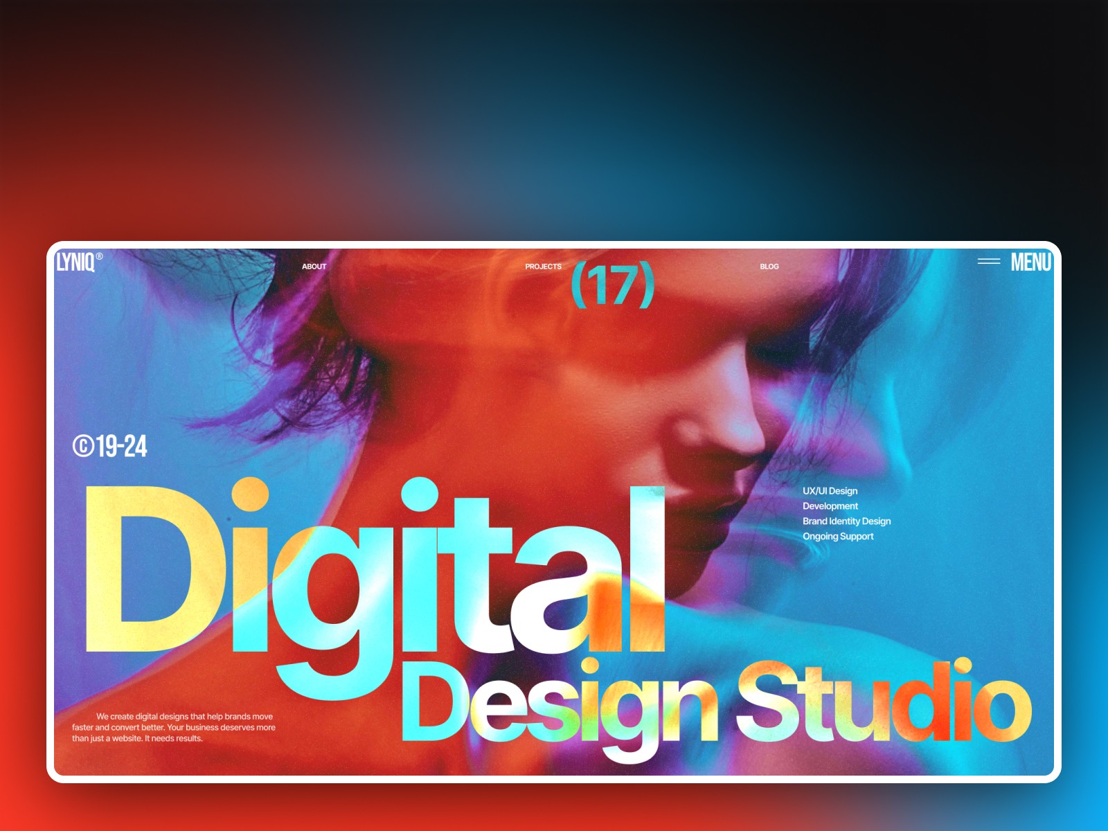 Lyniq Framer template showing a design agency page with service and case study sections.